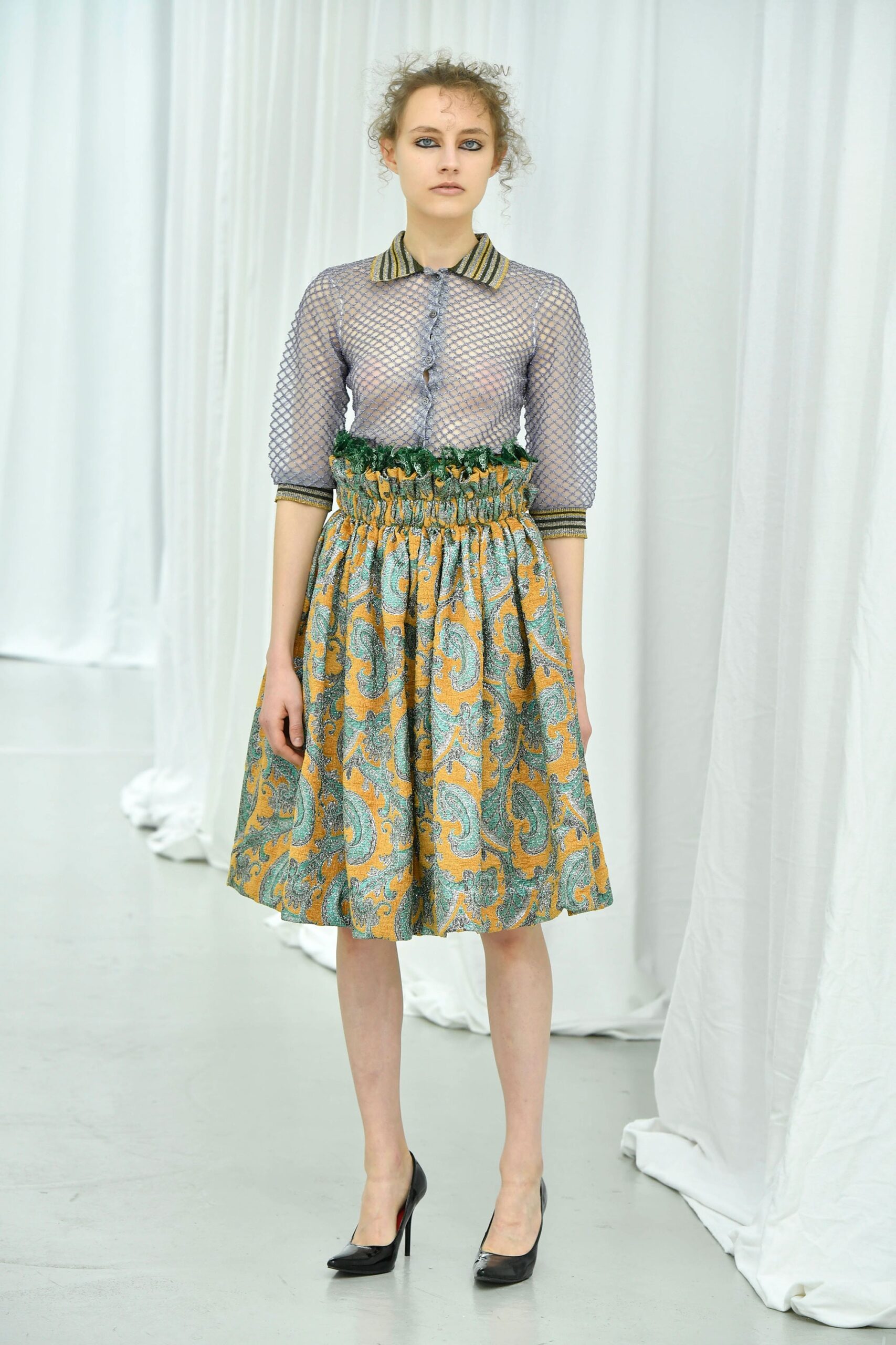 blue mesh blouse and multi skirt