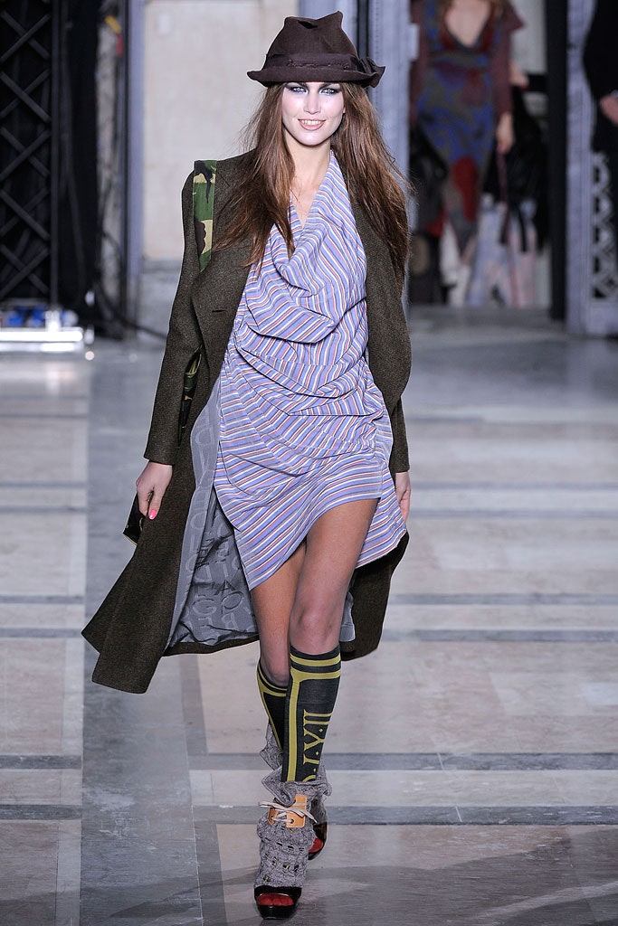 blue striped mini dress with green coat