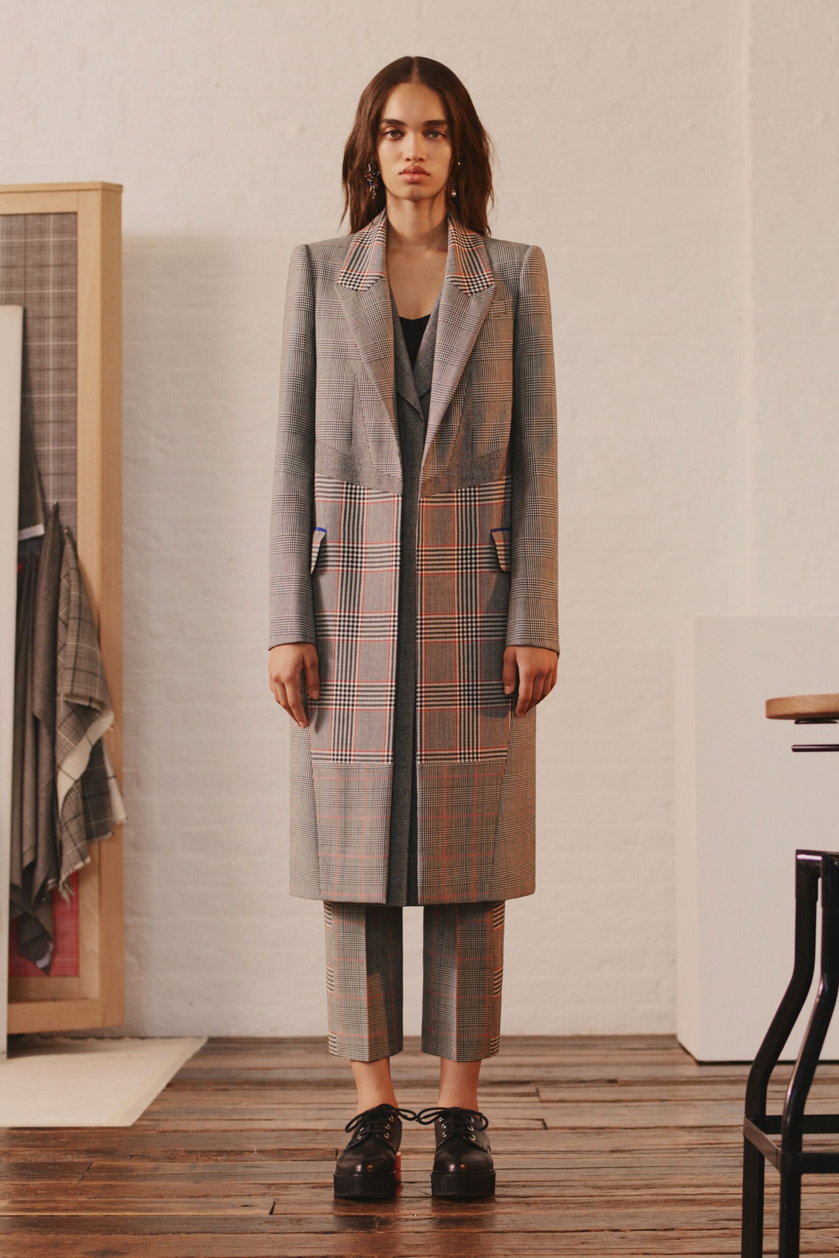 tailored gray checked coat