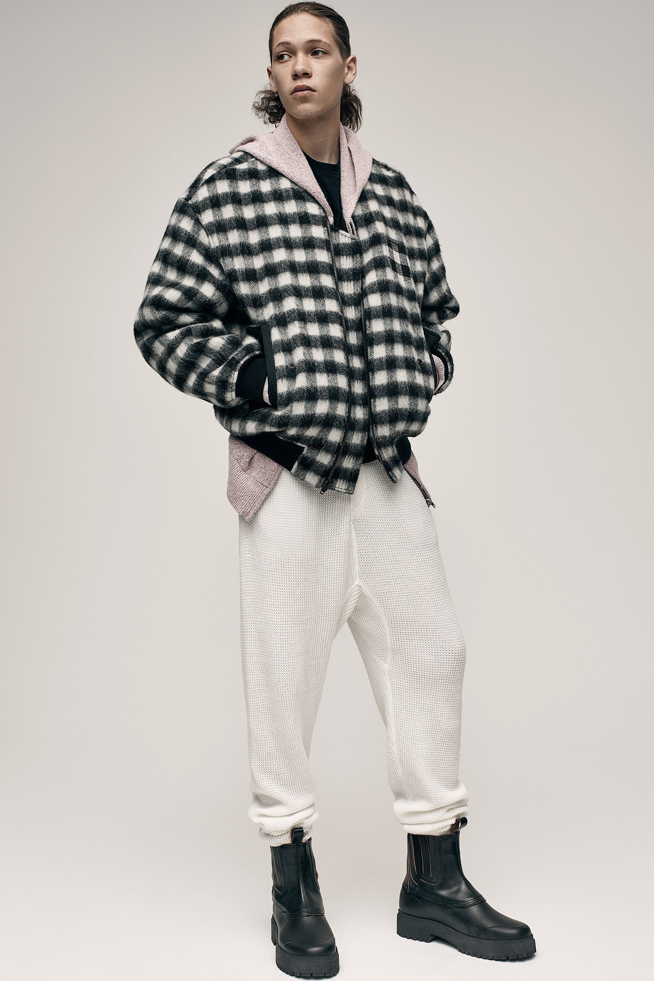 checked jacket with relaxed hoodie
