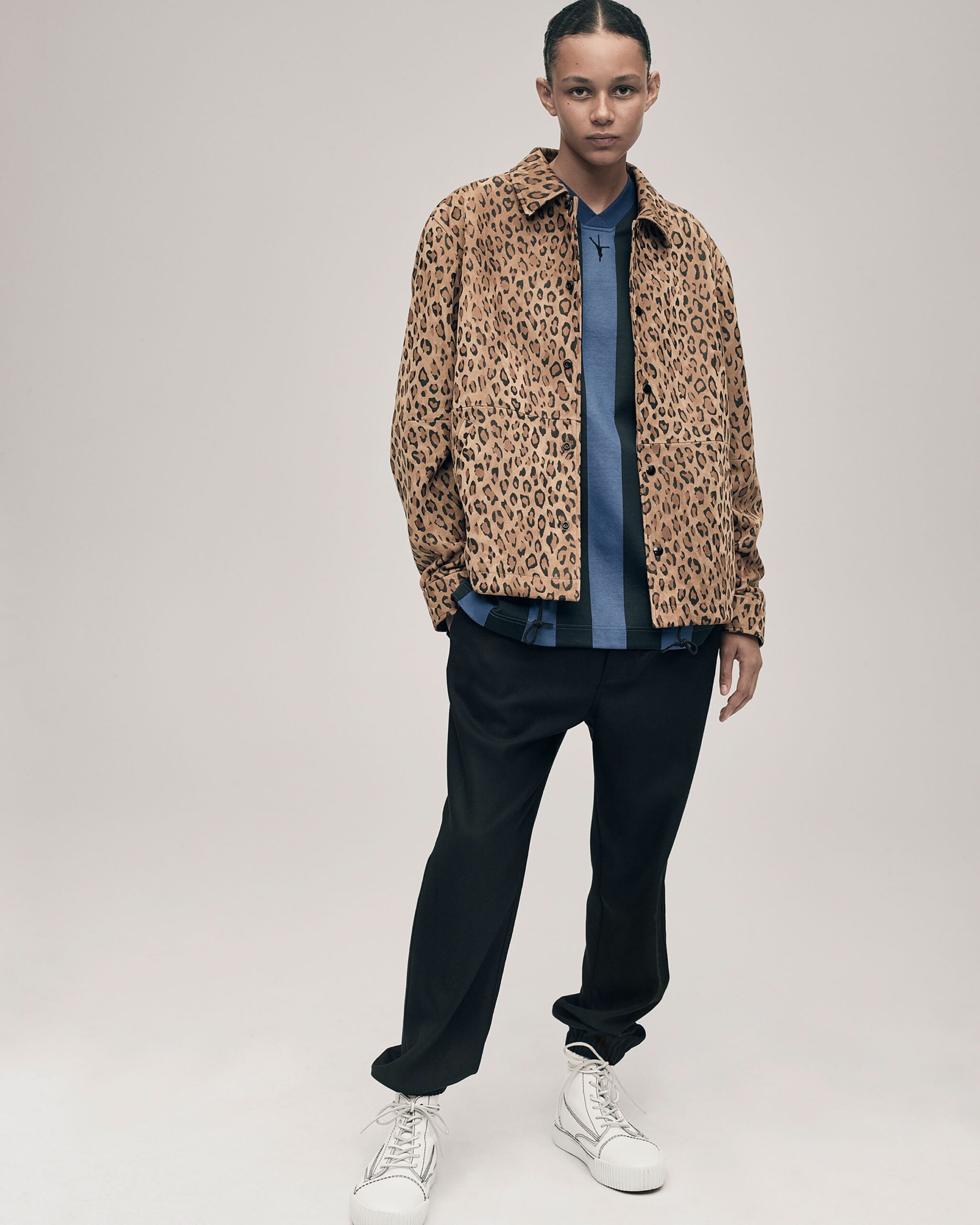 brown animal-print jacket with blue shirt