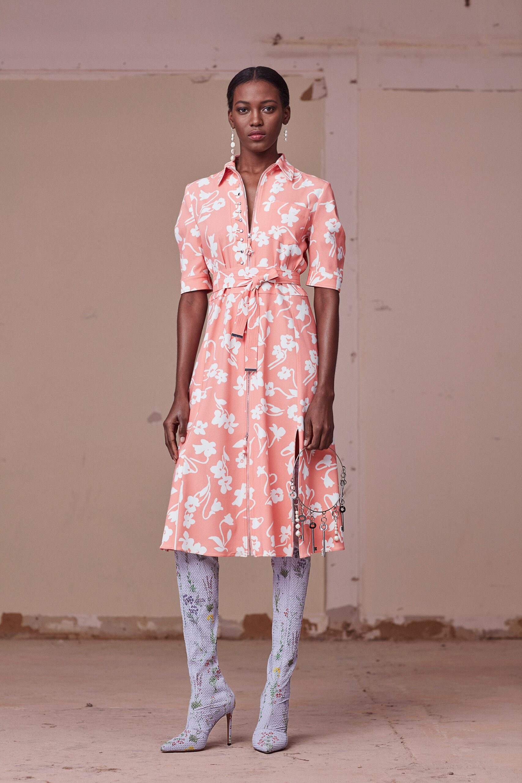 pink cotton short-sleeve collared fitted floral belted dress