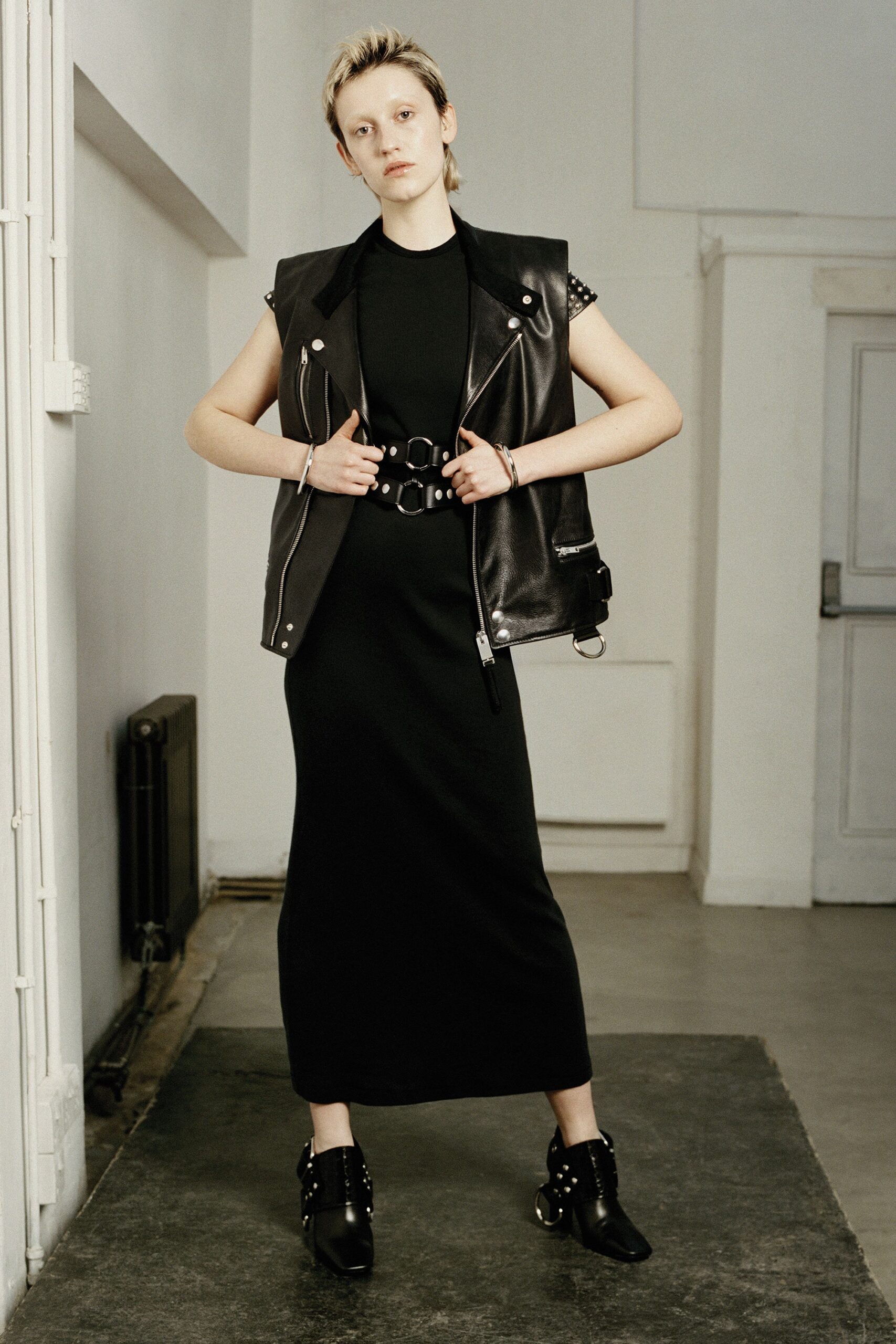 black cotton sleeveless high-neck fitted straight-leg midi dress