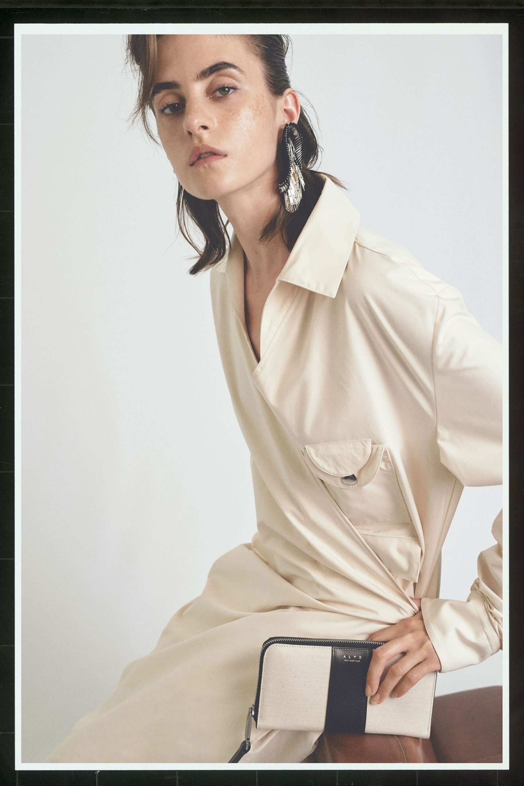 beige silk long-sleeve collared fitted buttoned midi dress