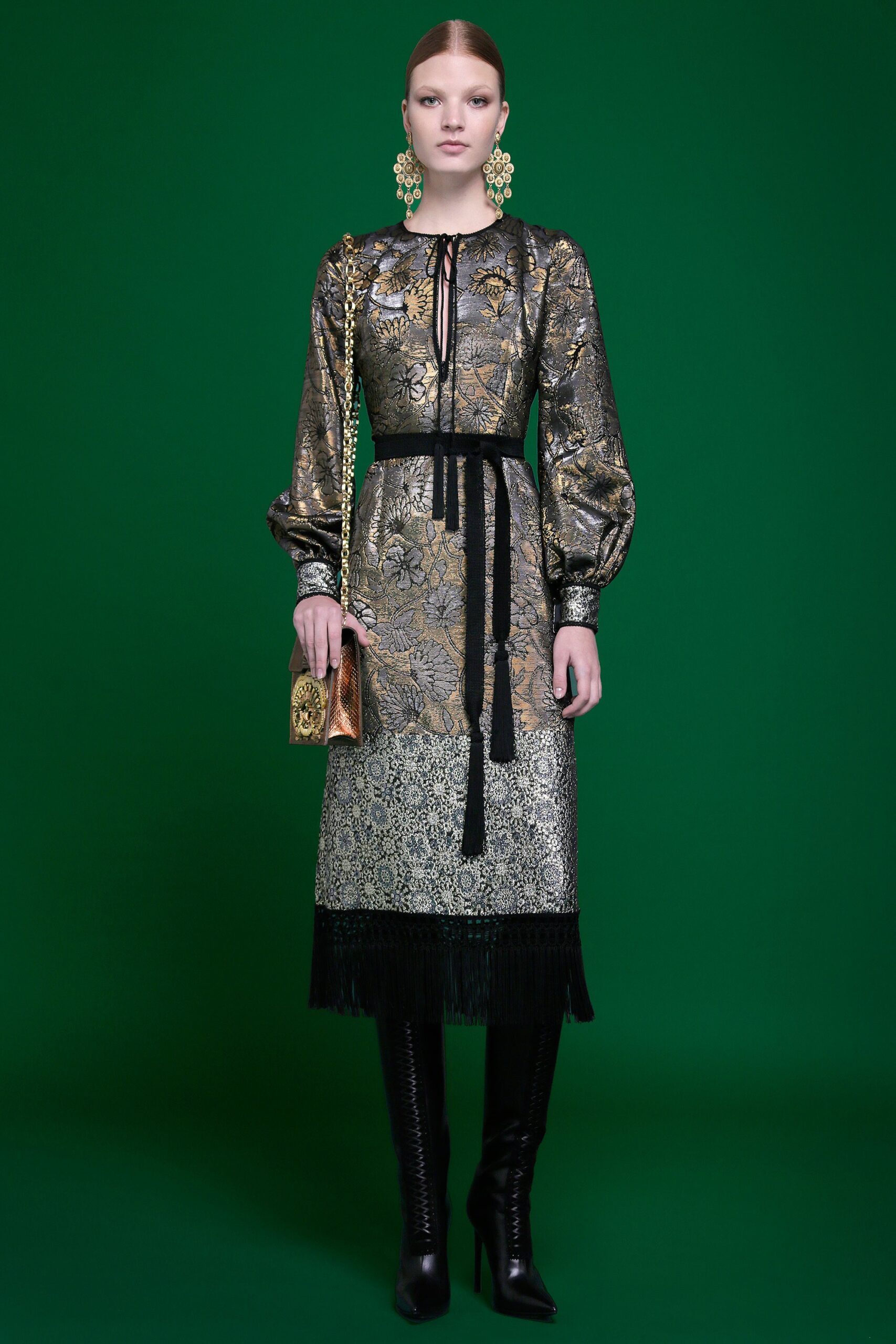 gold silk long-sleeve v-neck fitted embroidered belted dress