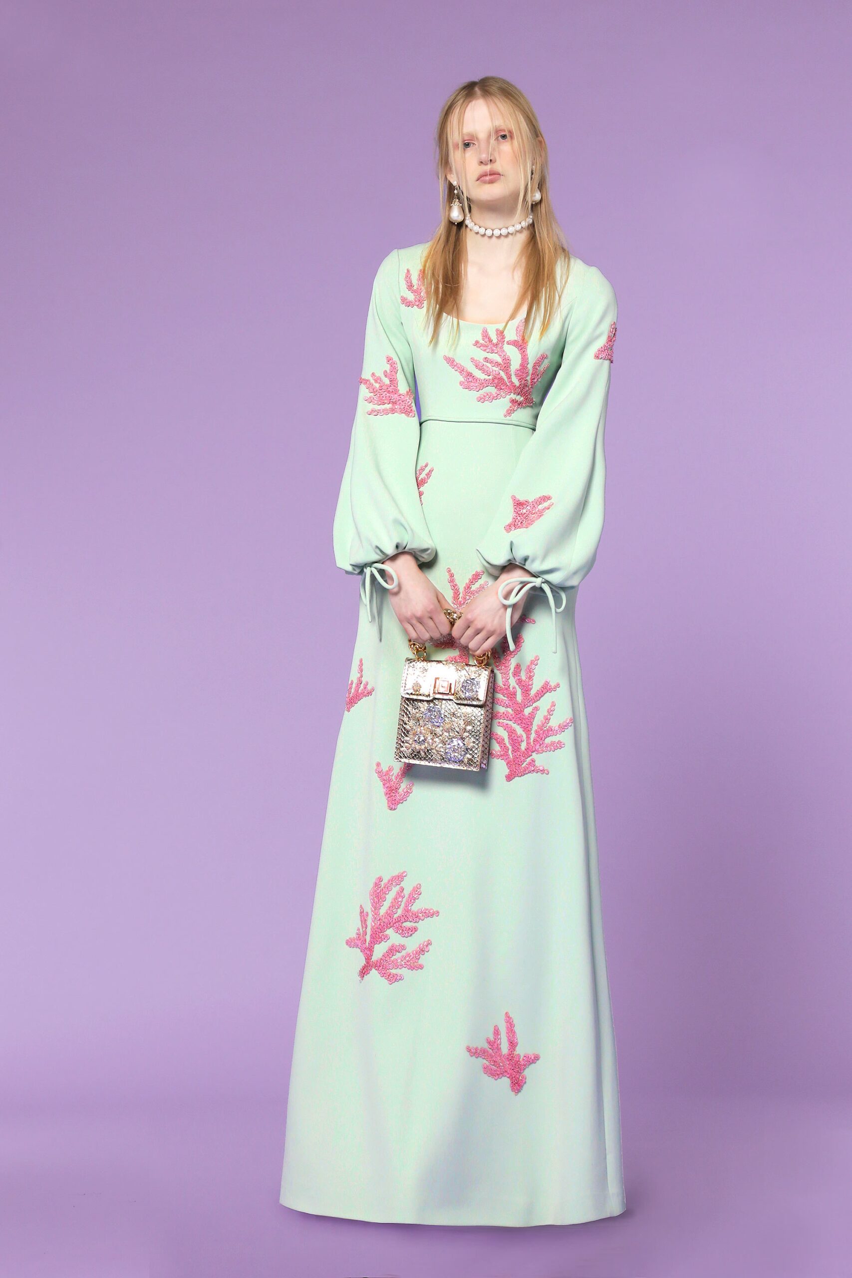 mint embroidered long-sleeve gown