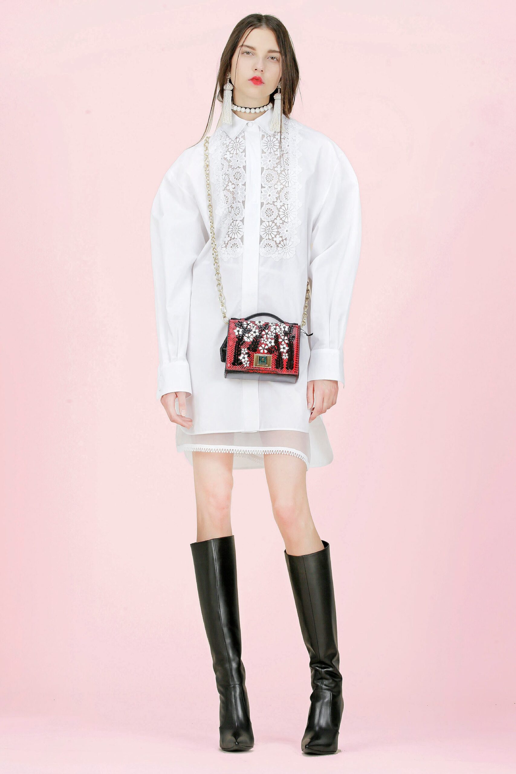 white cotton long-sleeve collared relaxed embroidered short shirt-dress