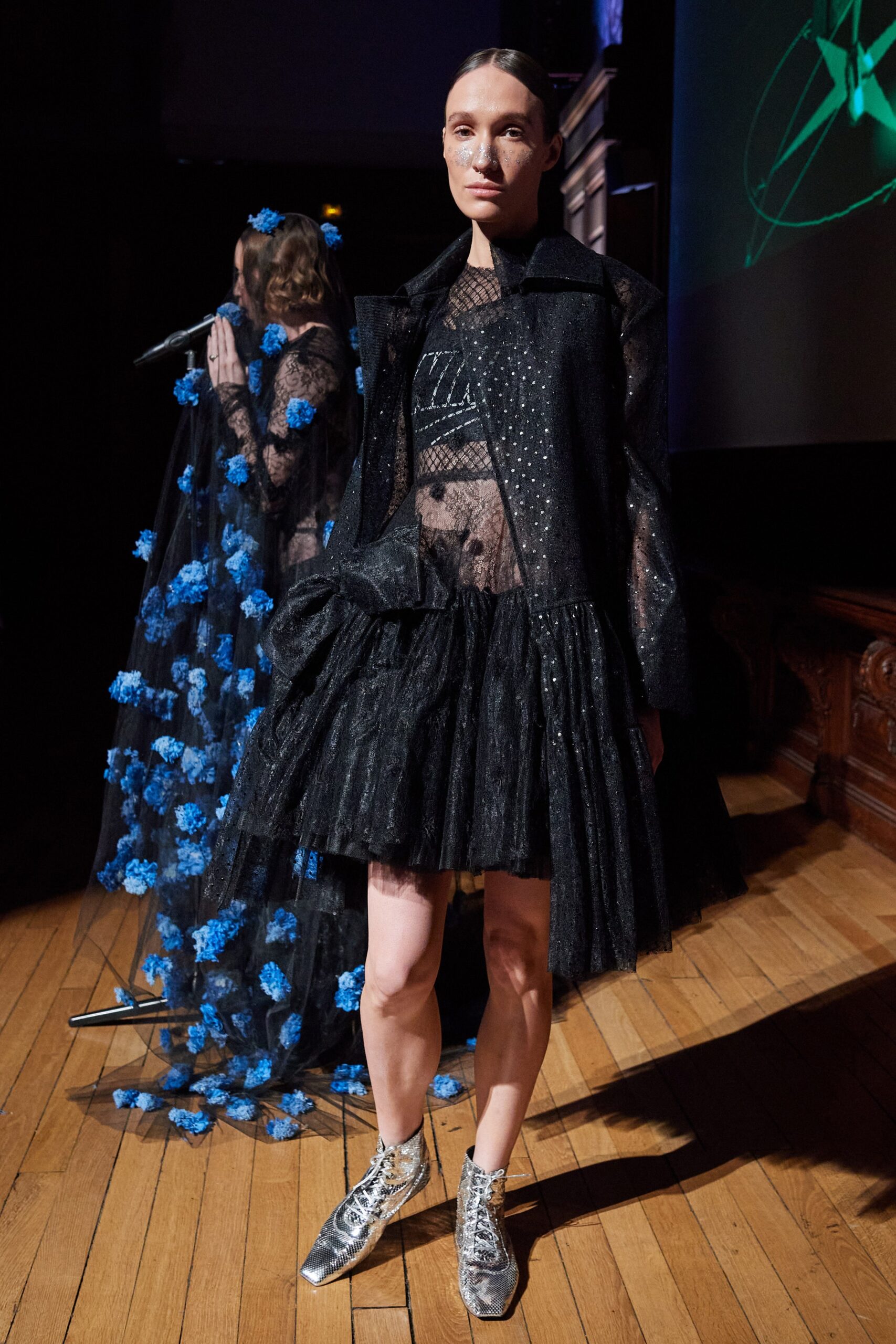 black mesh long-sleeve collared oversized layered sheer coat
