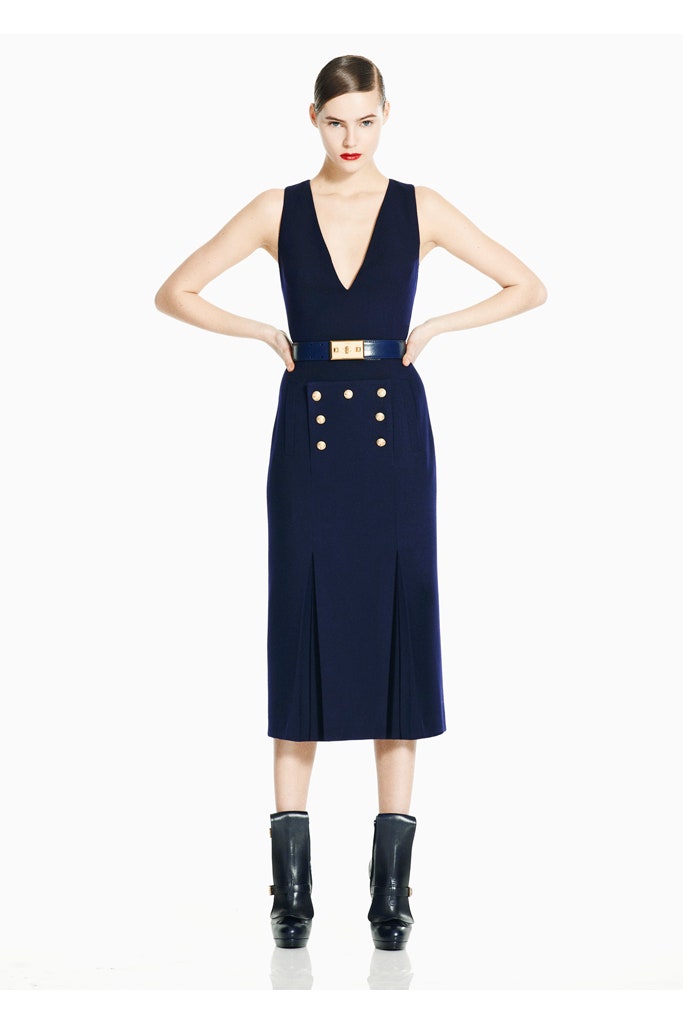 fitted blue midi dress with belt