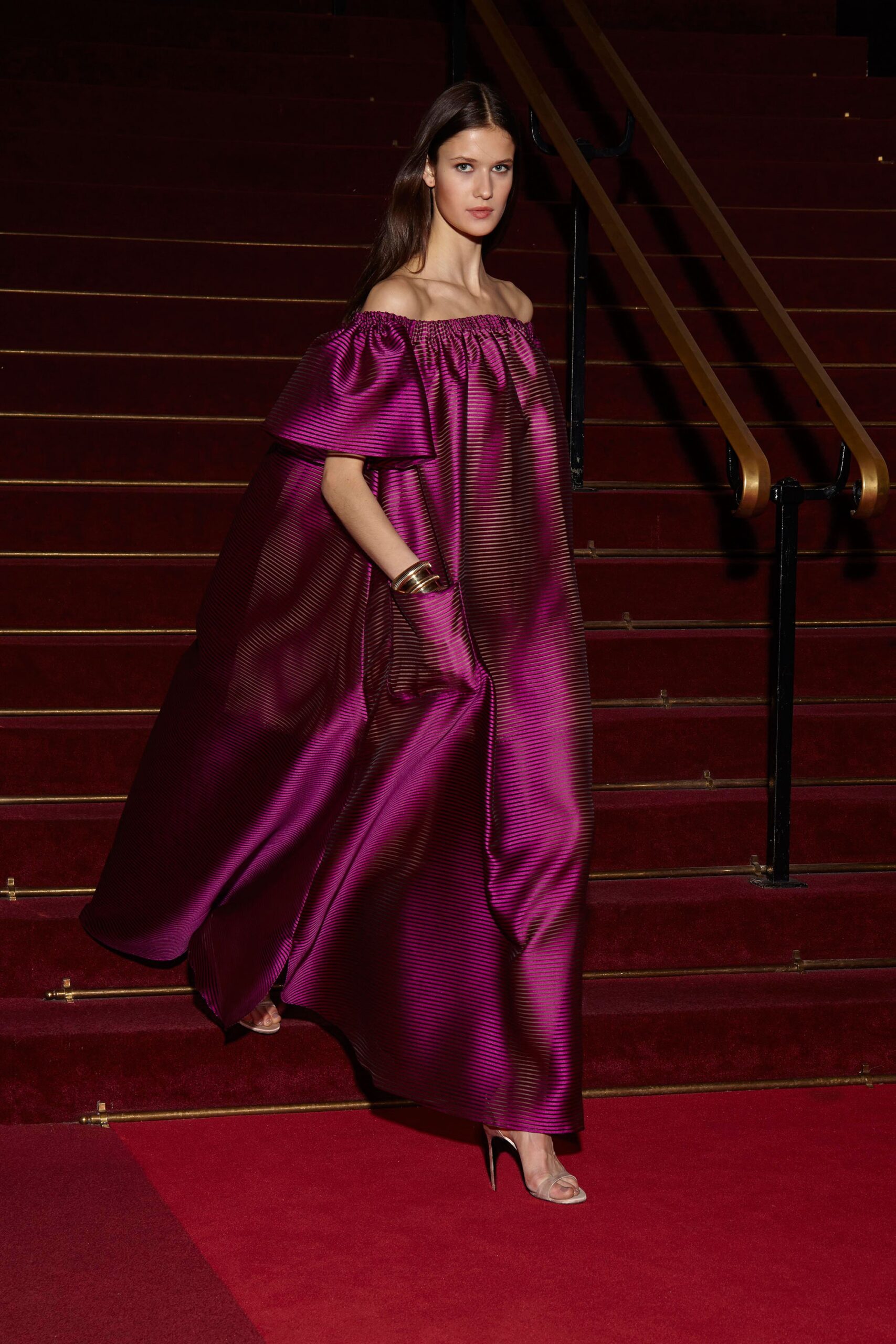purple silk off-shoulder gown