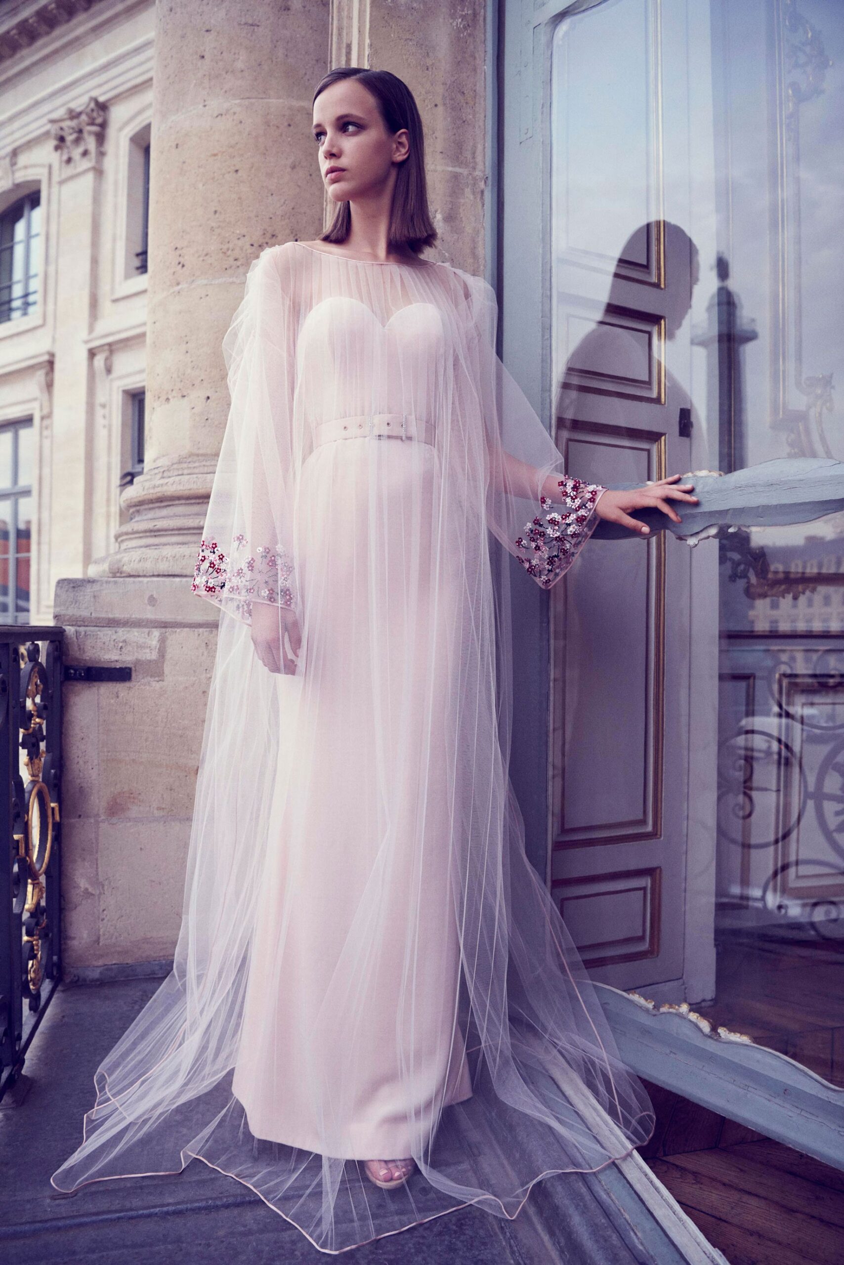 pink silk long-sleeve high-neck fitted layered embroidered gown