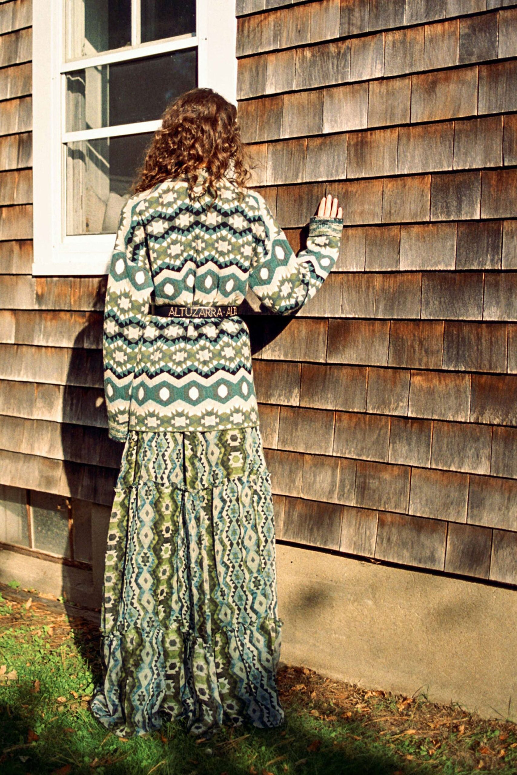 green printed maxi dress and oversized jacket