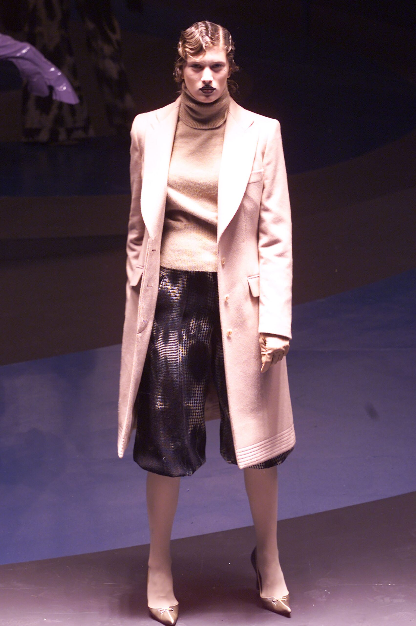 beige tailored coat with gray top