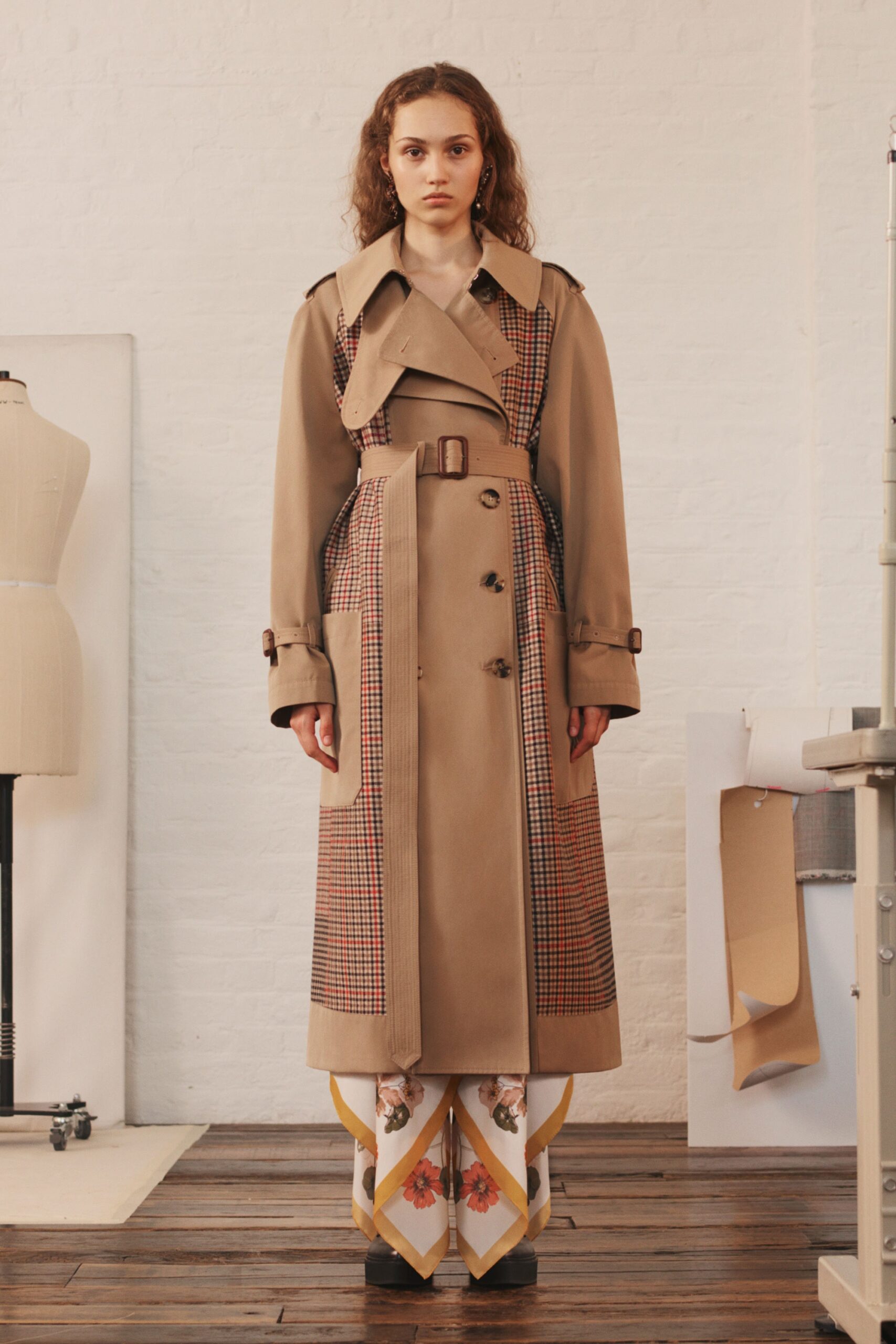 beige cotton long-sleeve collared structured buttoned pockets trench