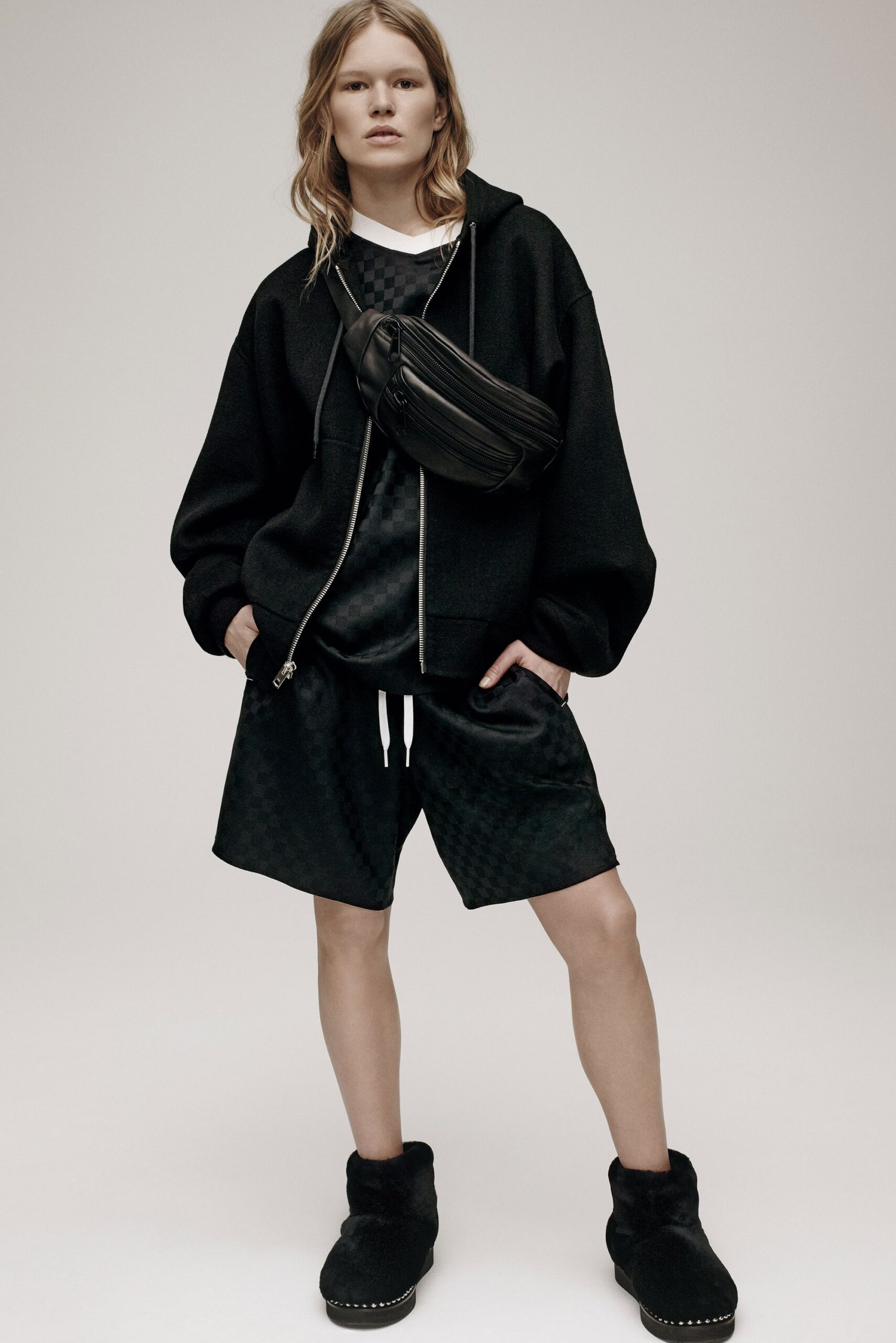 black oversized hoodie and shorts