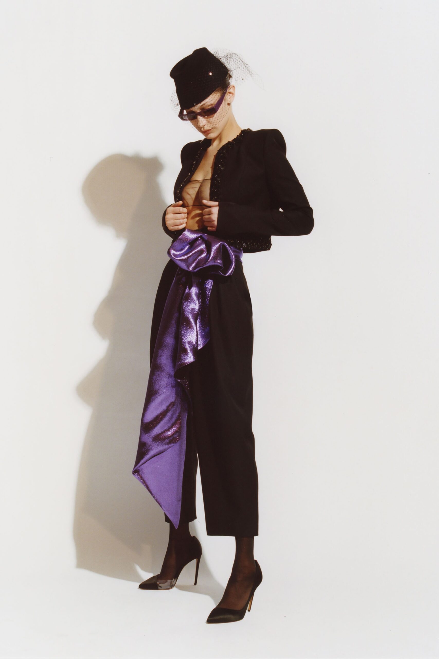 black fitted blazer with purple scarf