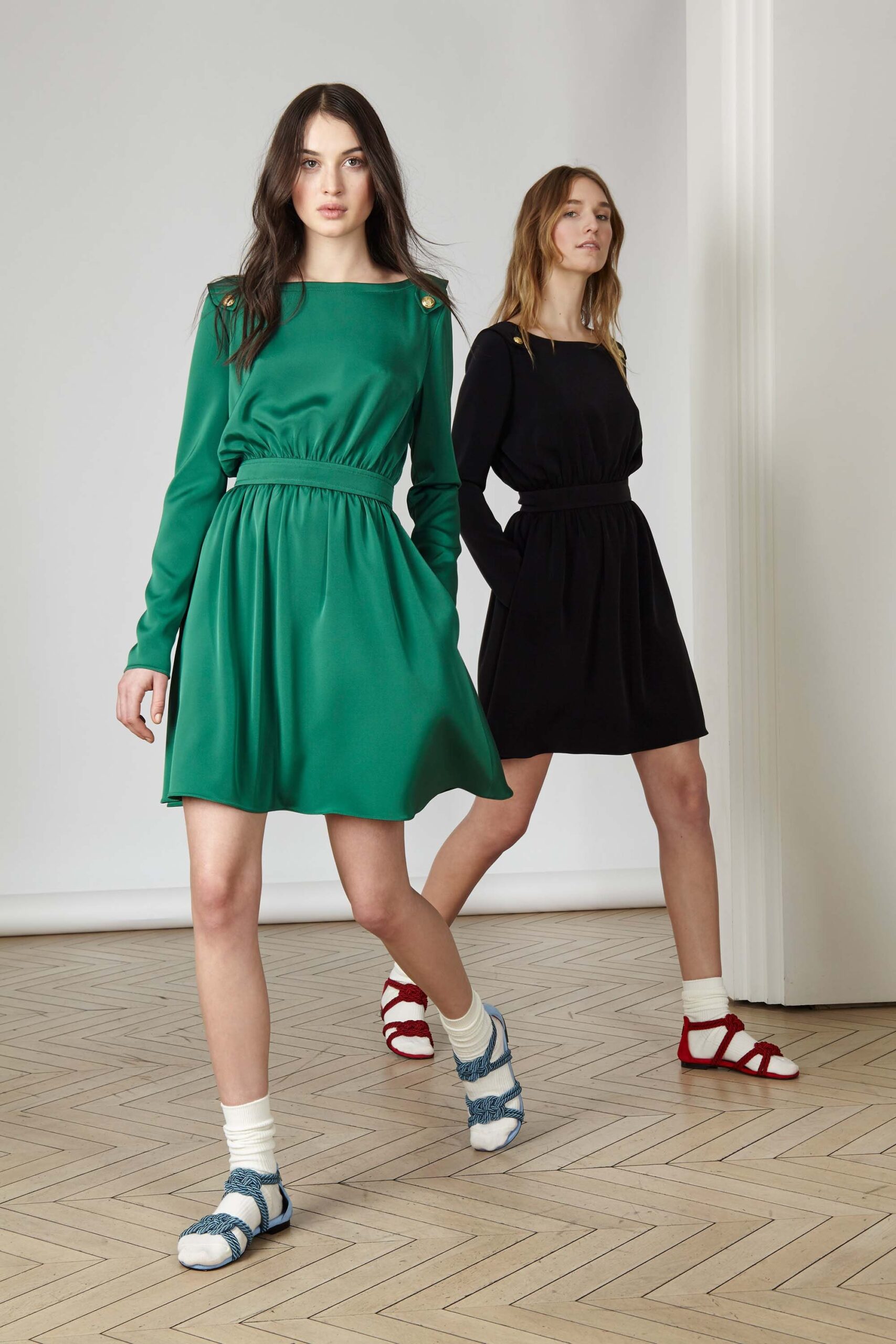 green silk long-sleeve square-neck fitted belted mini dress