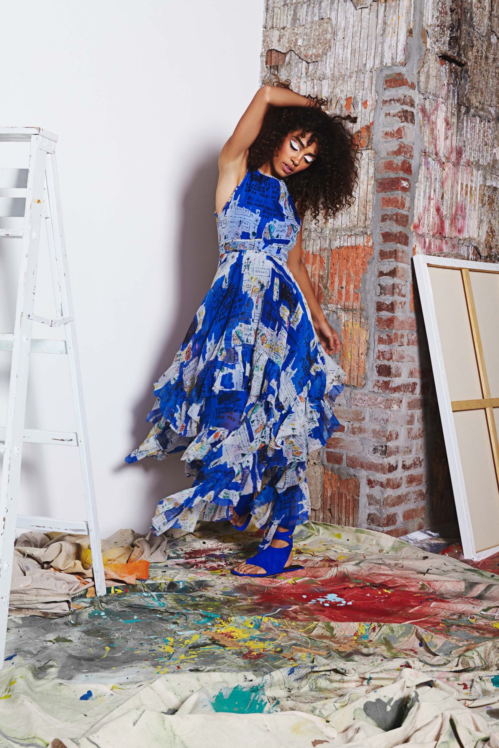 blue tiered printed dress