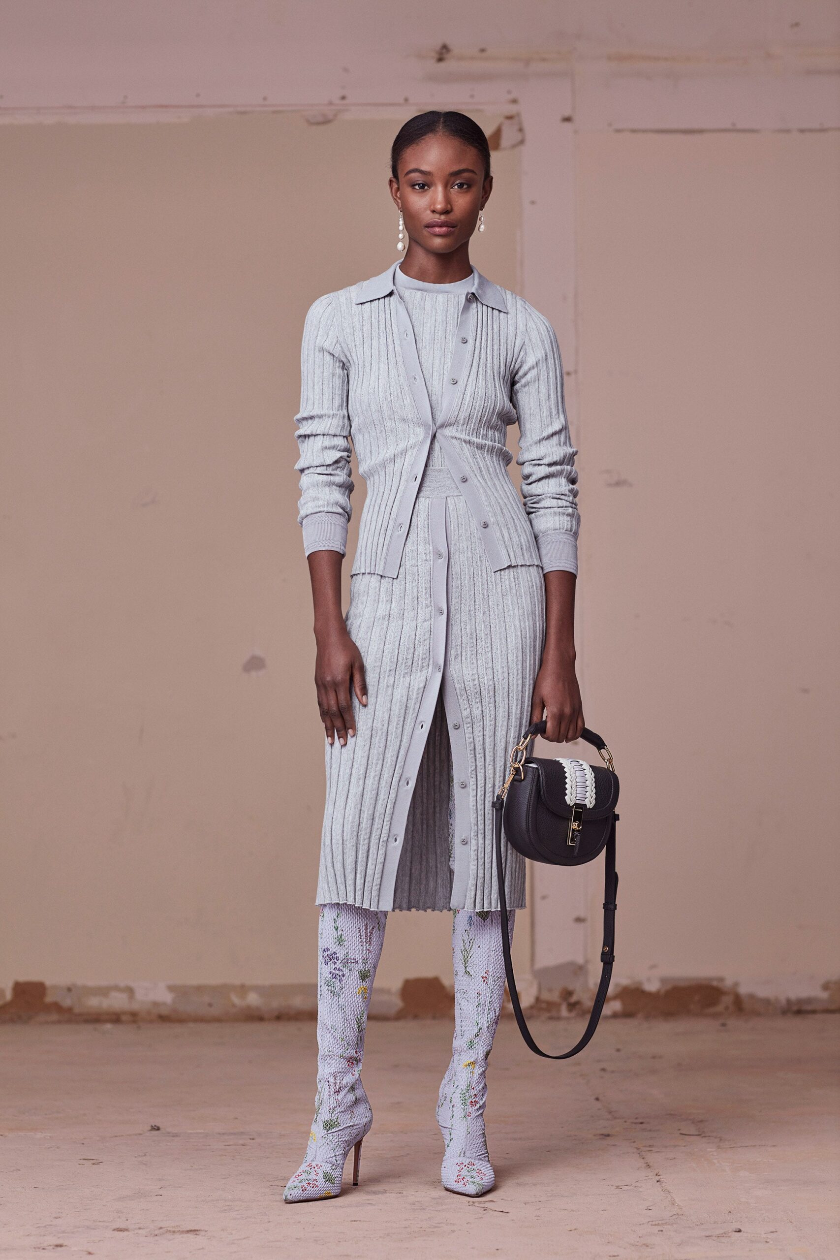 gray knit long-sleeve collared fitted buttoned ribbed dress