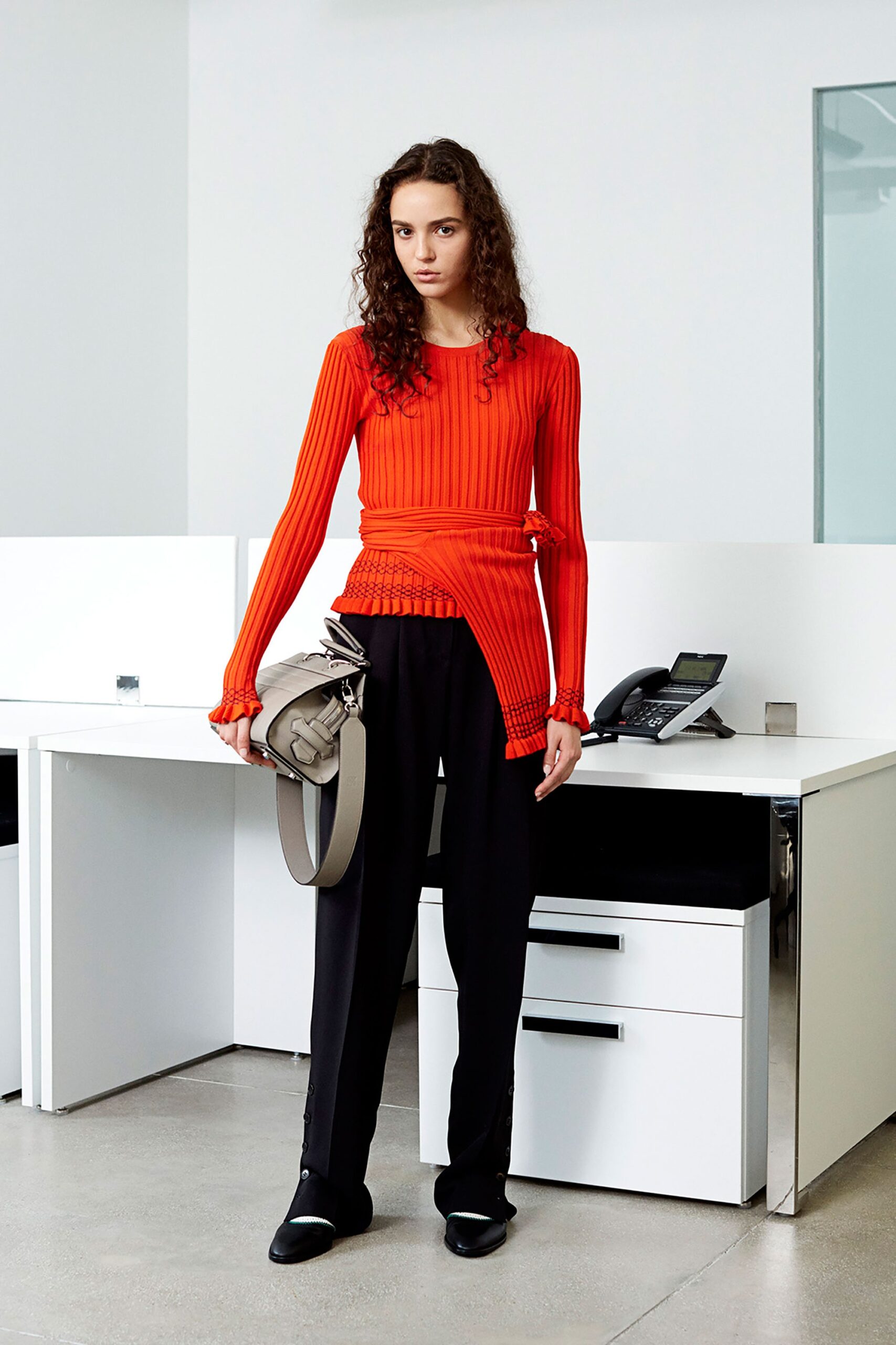 red cotton long-sleeve high-neck fitted ribbed top
