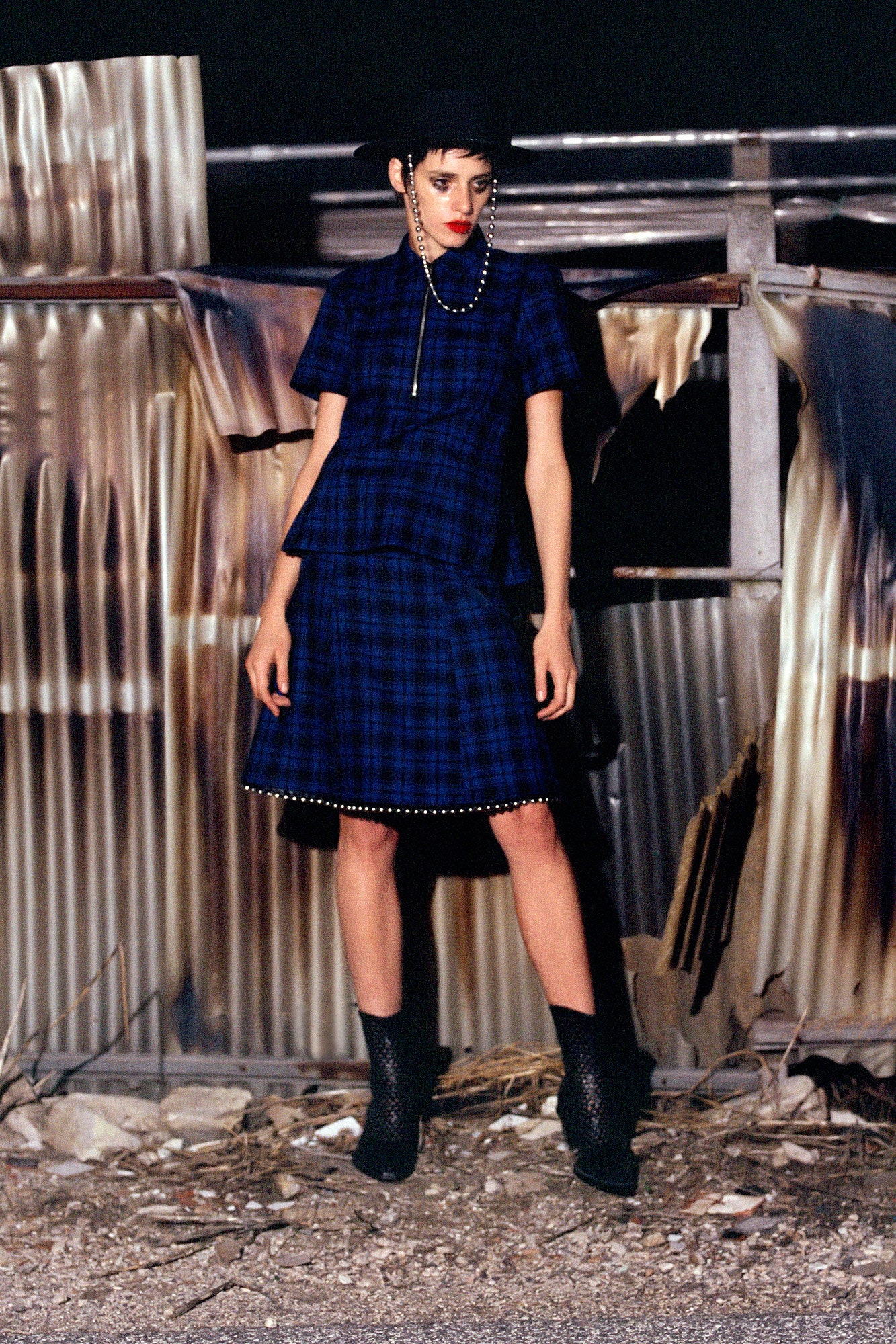 blue checked top and midi skirt