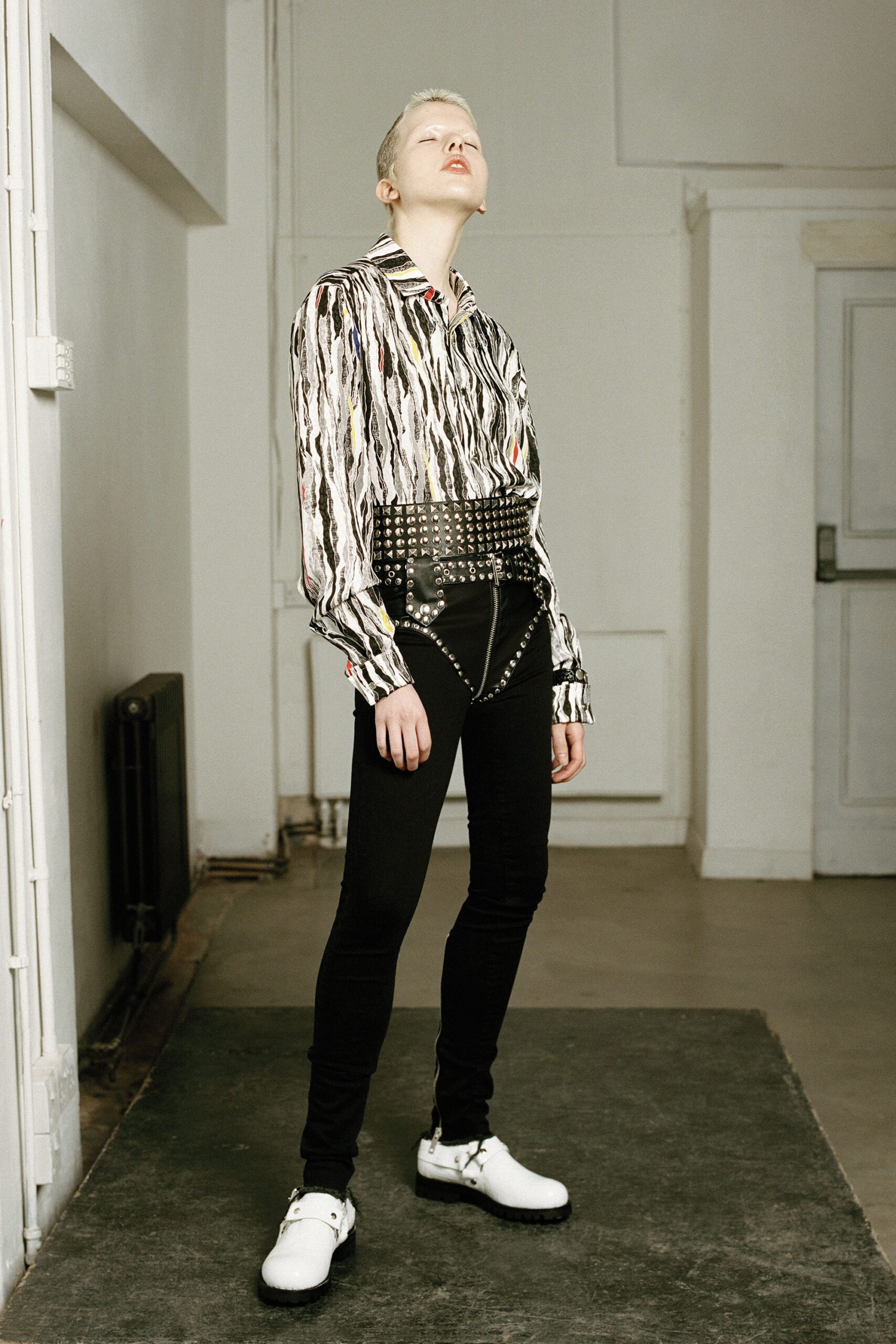 multi silk long-sleeve collared fitted printed shirt