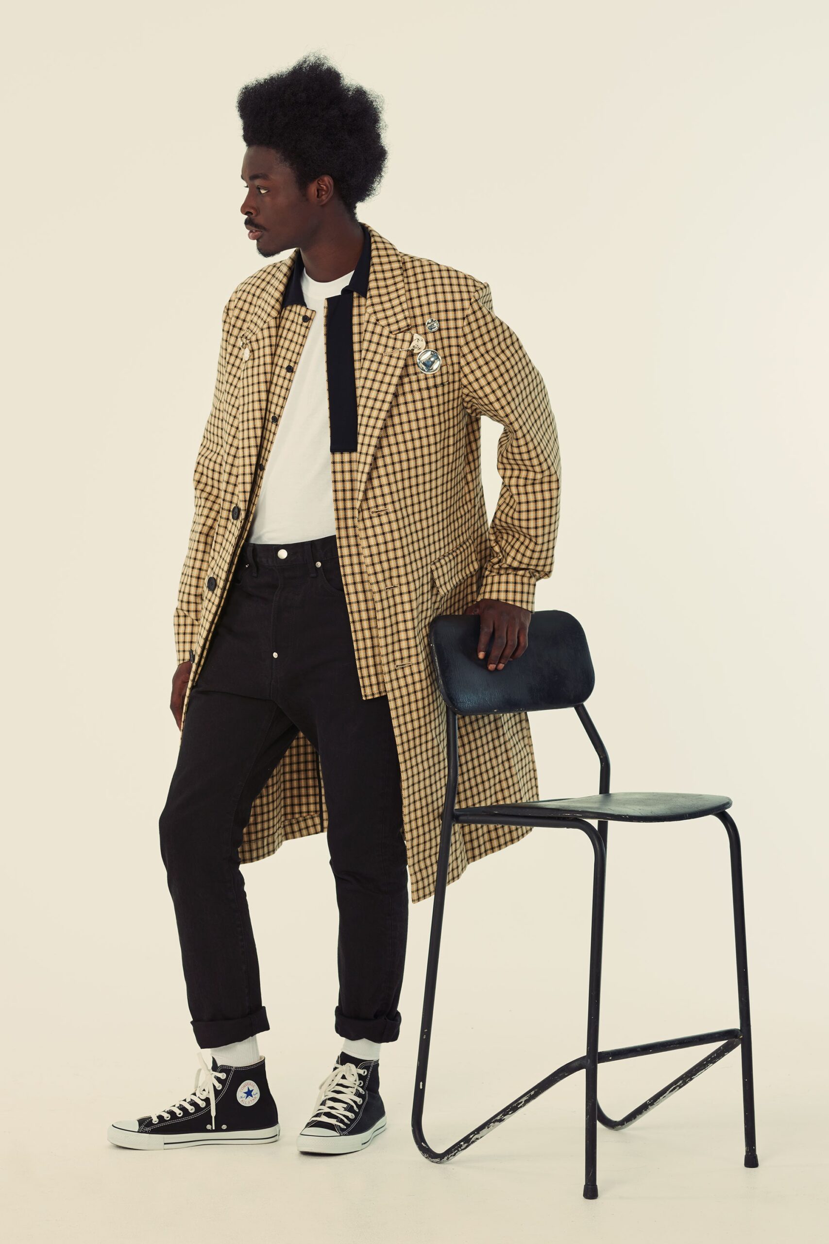 beige cotton long-sleeve collared relaxed checked midi coat