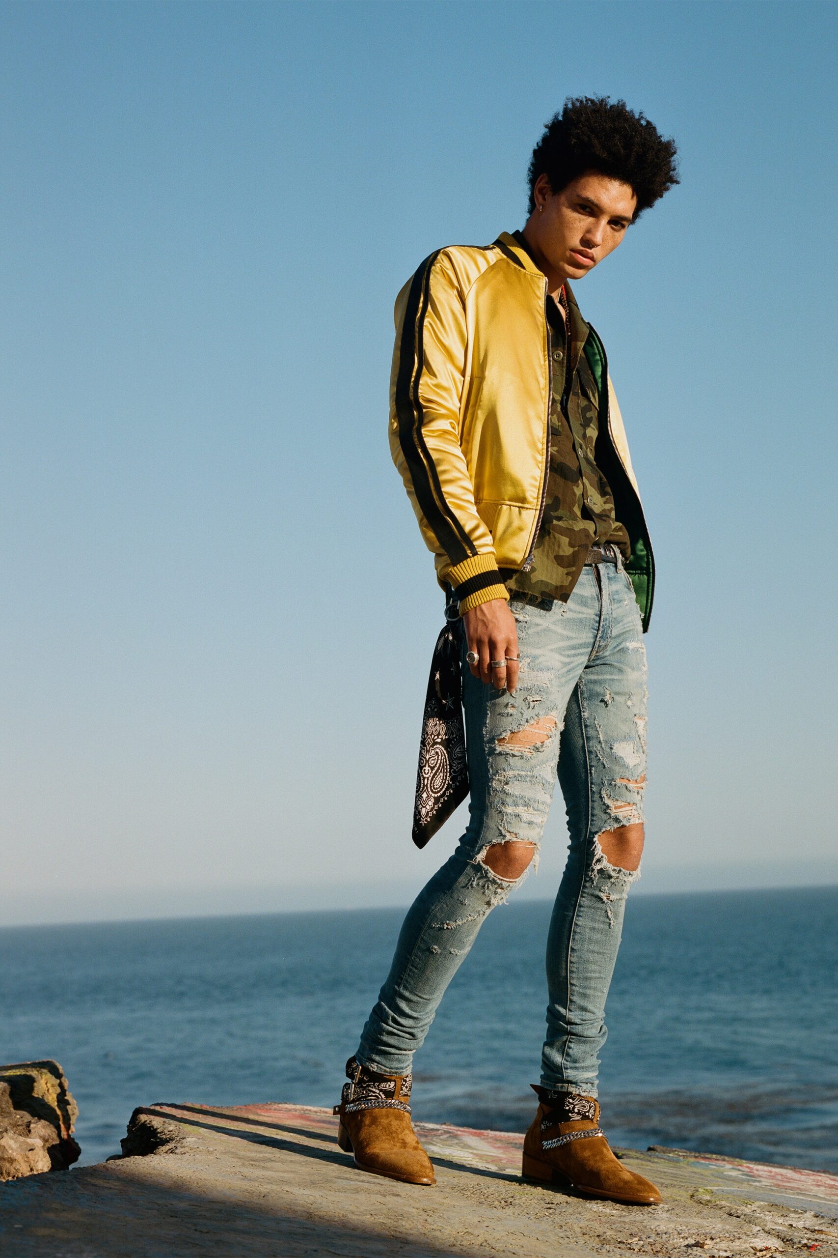 yellow satin jacket with camouflage shirt