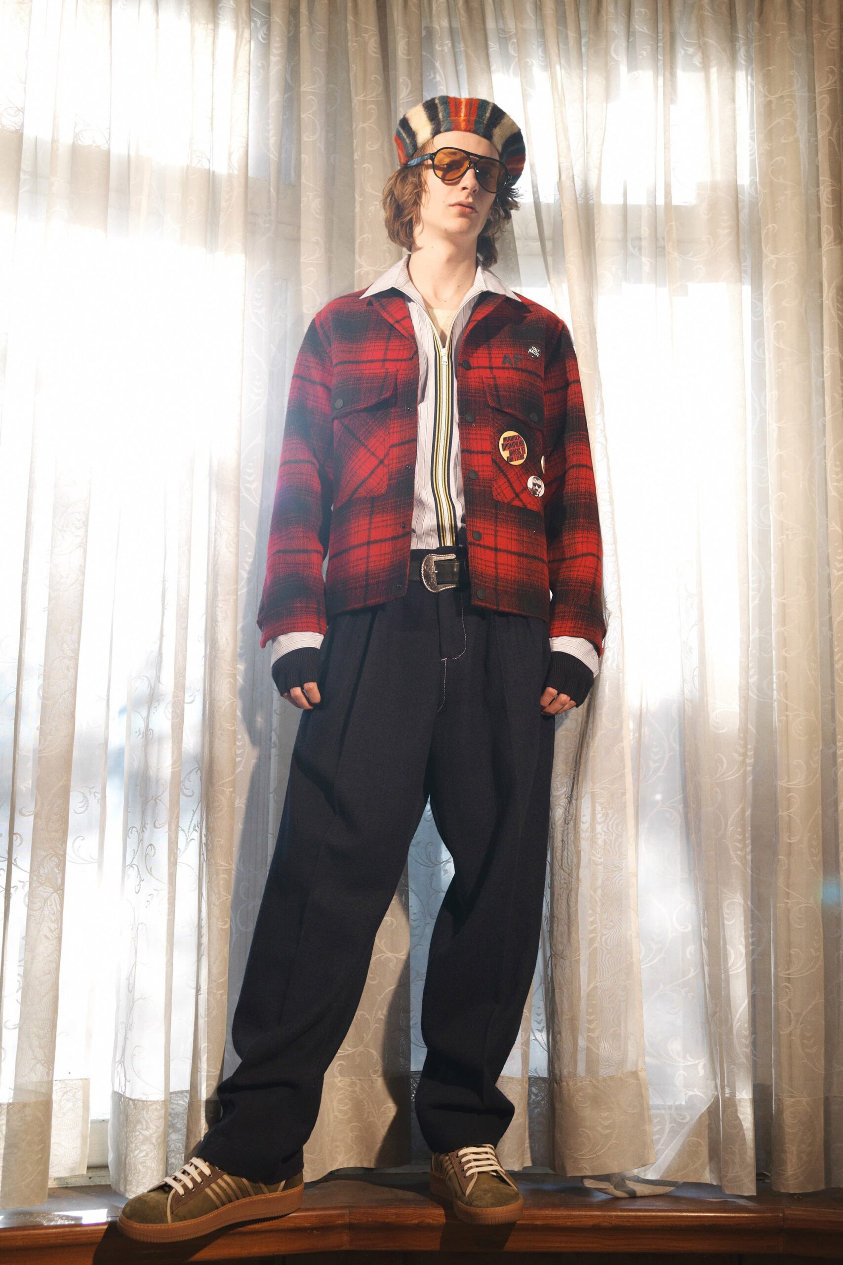 red cotton long-sleeve collared relaxed checked buttoned jacket