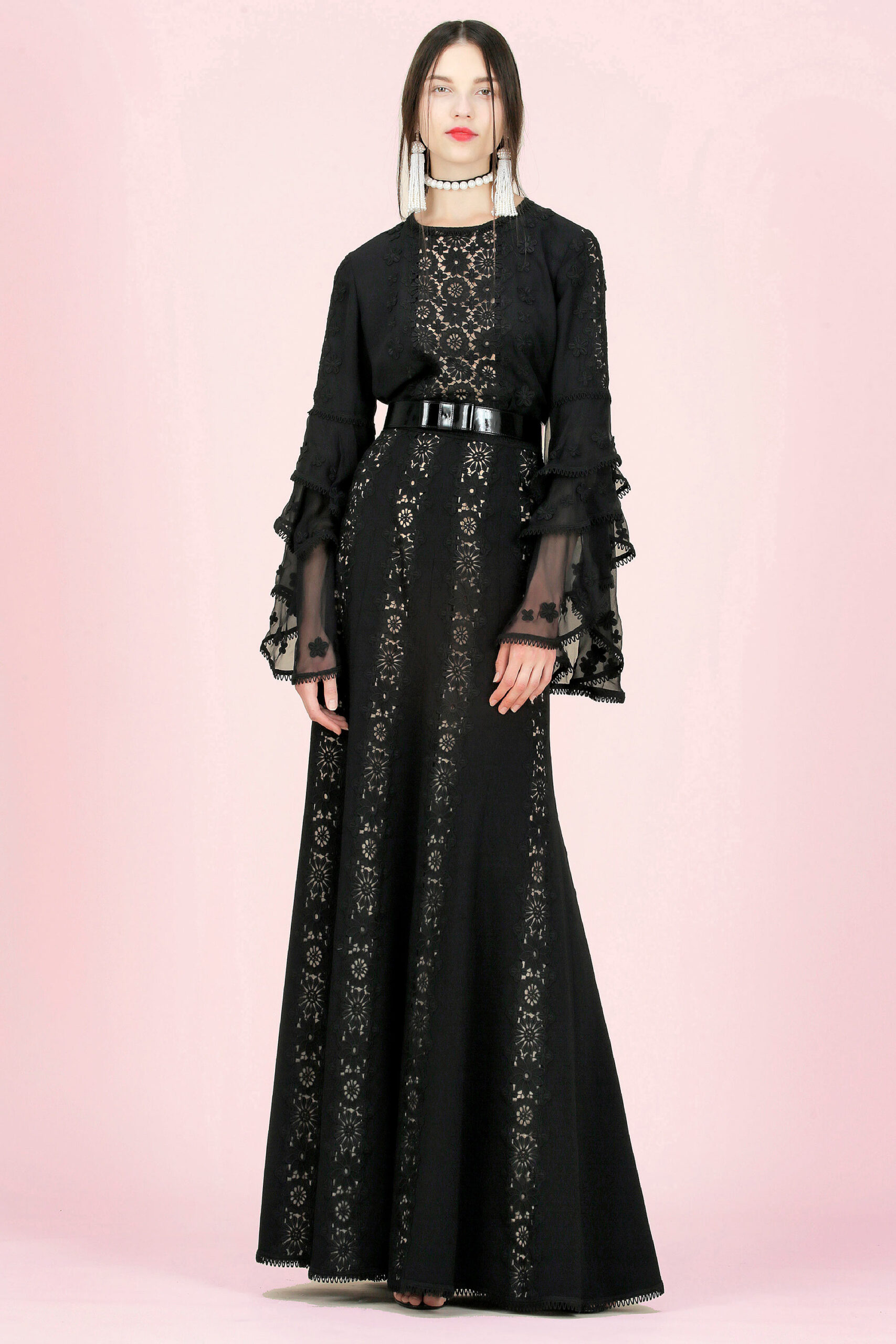 black lace long-sleeve collared fitted ruffled jacket