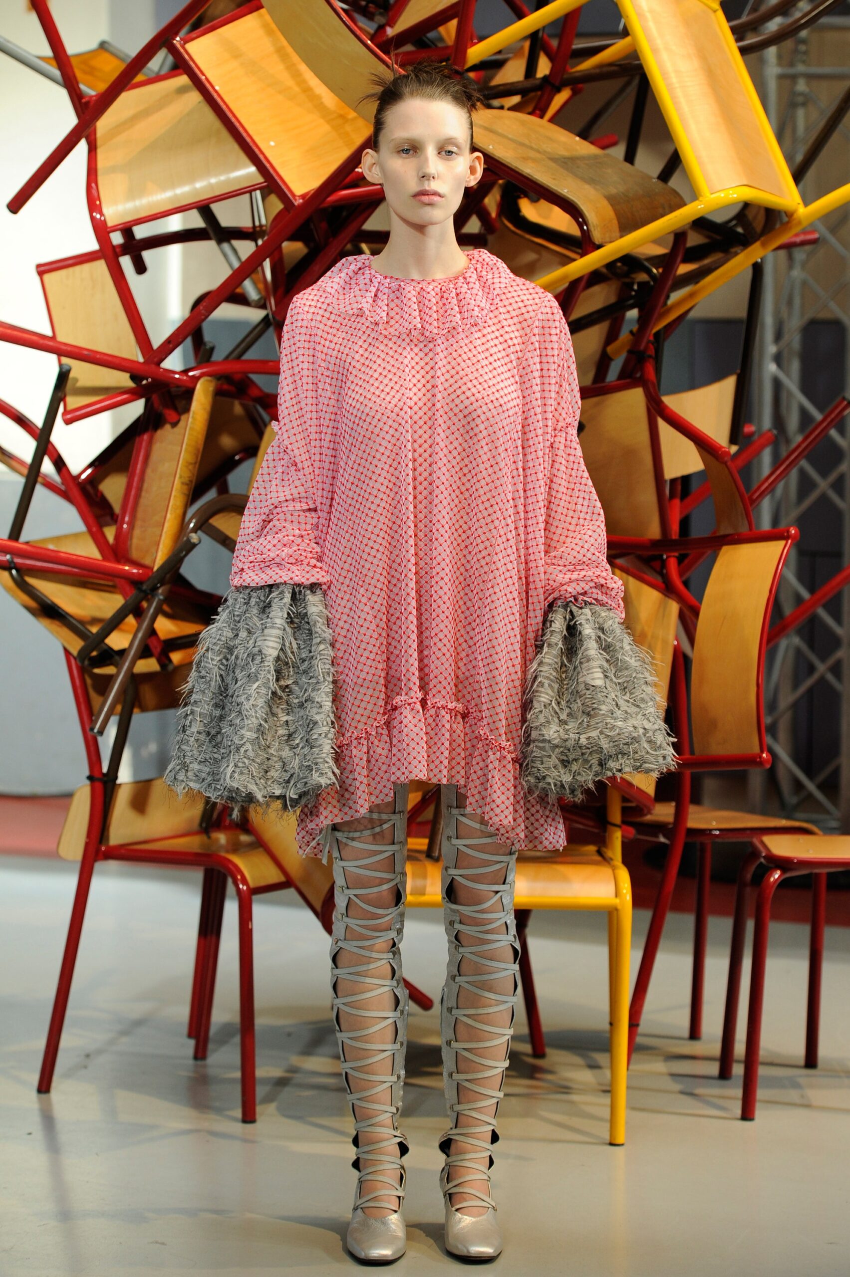 pink relaxed mini dress with gray boots