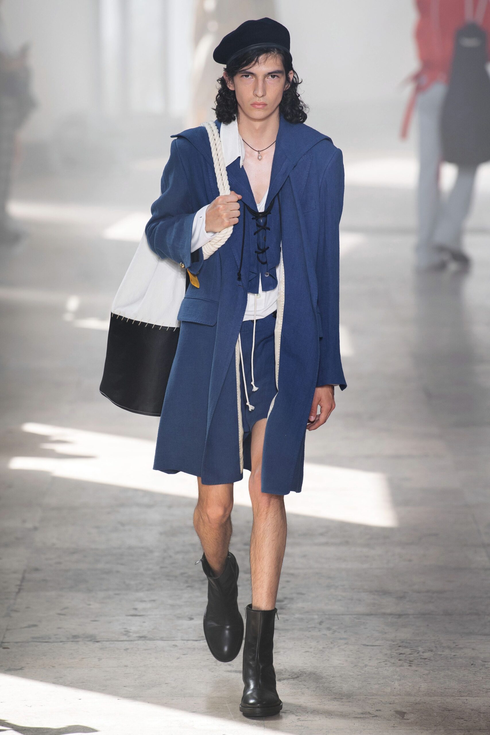 blue cotton long-sleeve collared relaxed buttoned coat