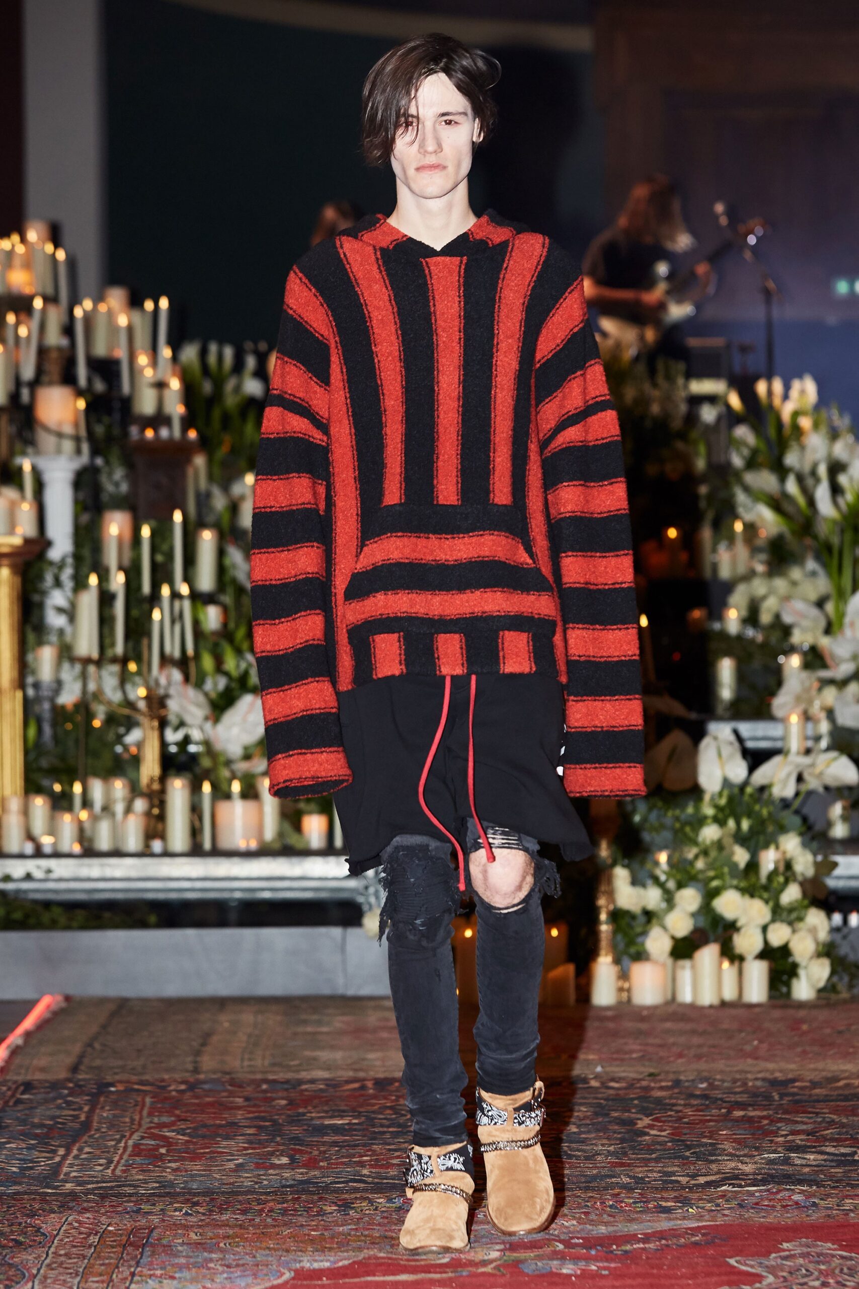 red cotton long-sleeve hooded oversized striped draped hoodie