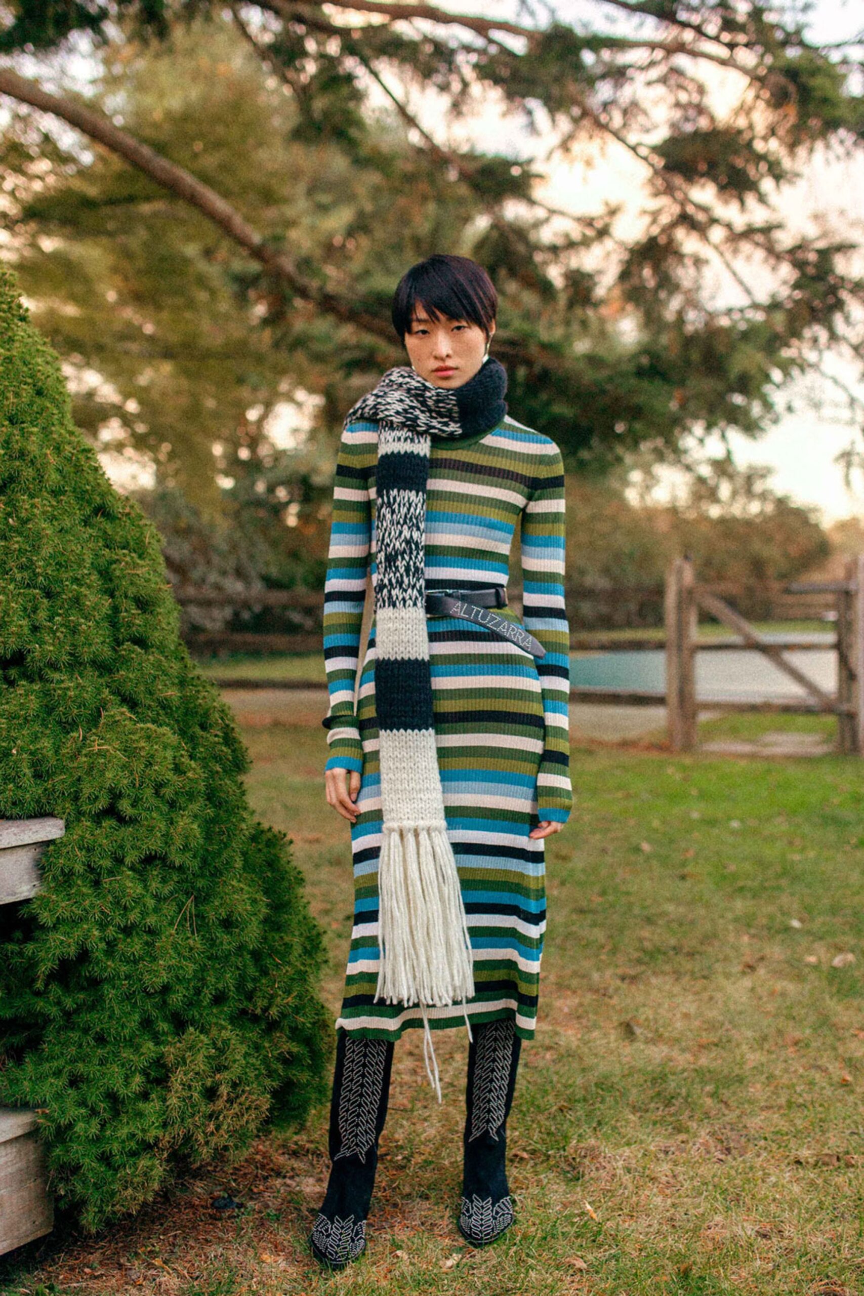 fitted striped midi dress with scarf