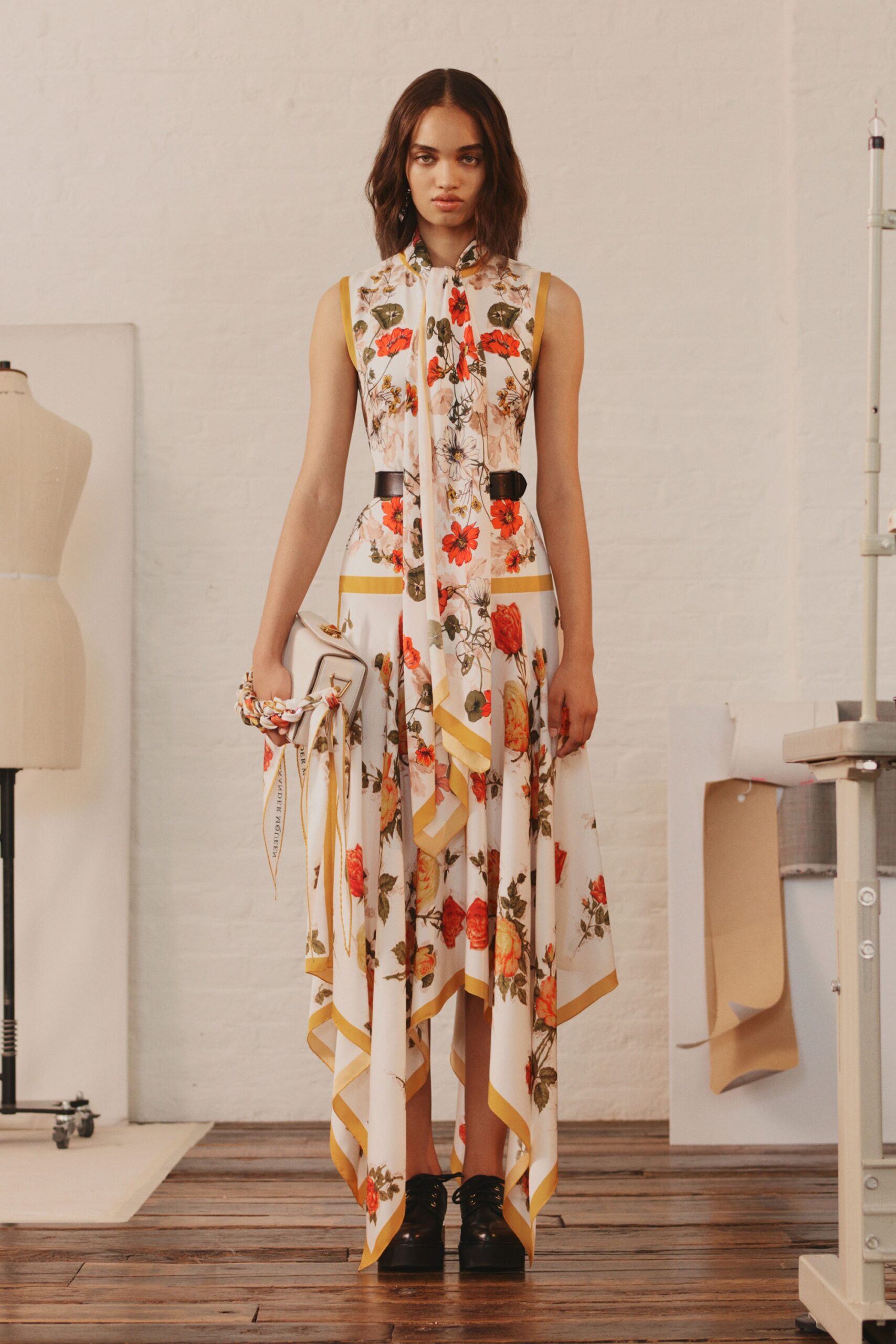 white silk sleeveless collared fitted floral flared dress