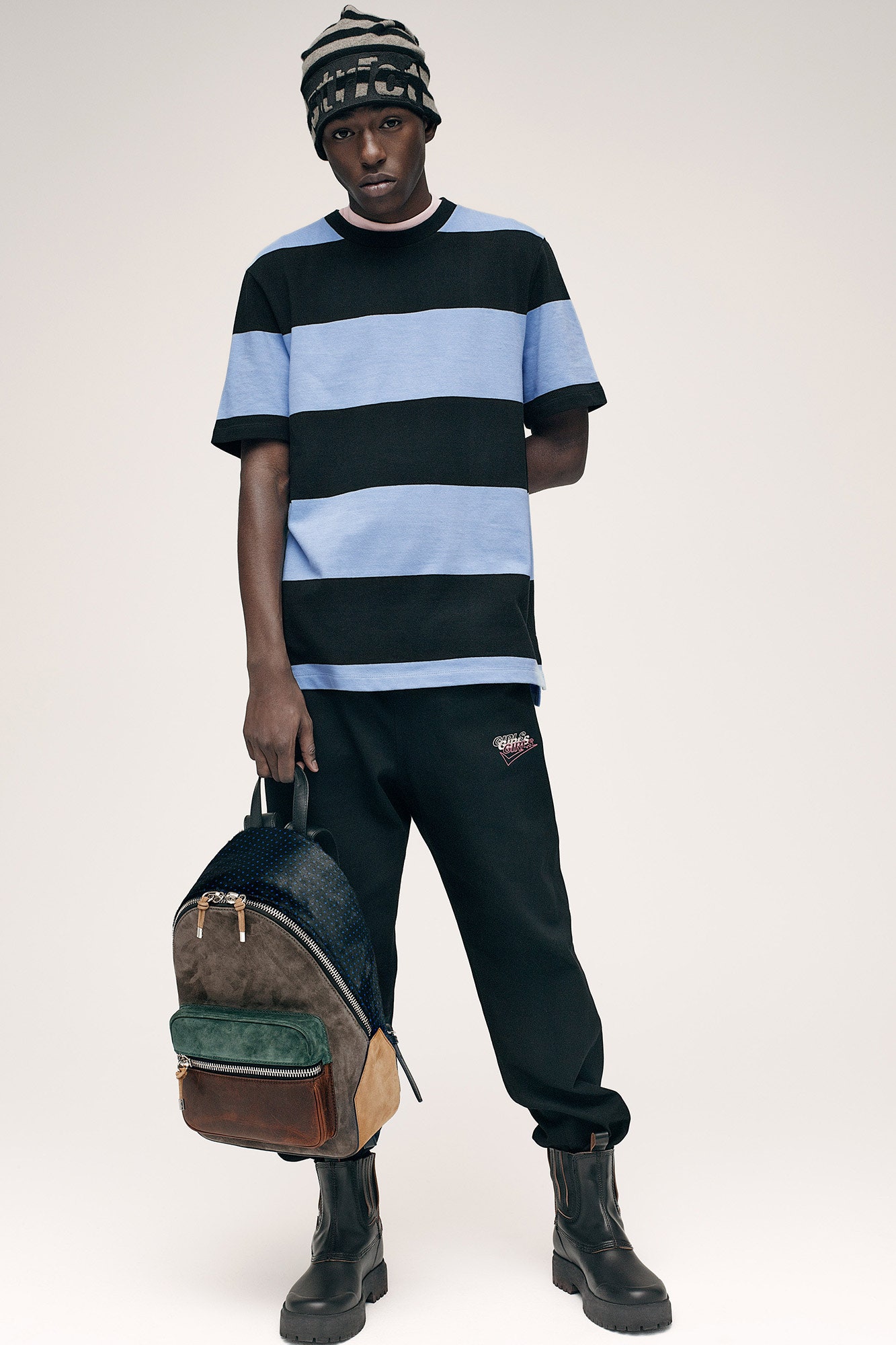 black and blue striped t-shirt with relaxed pants