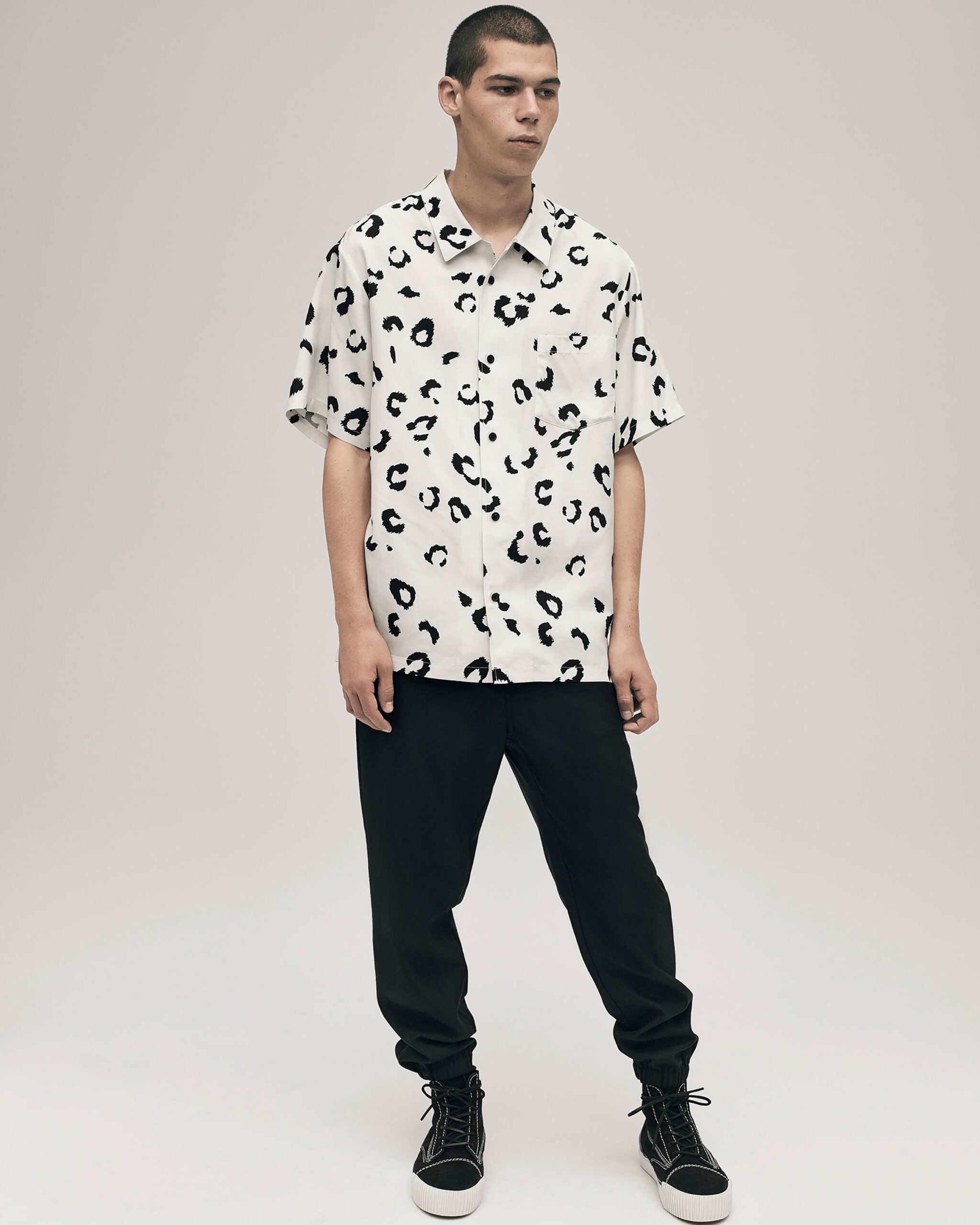 relaxed black and white printed shirt and pants