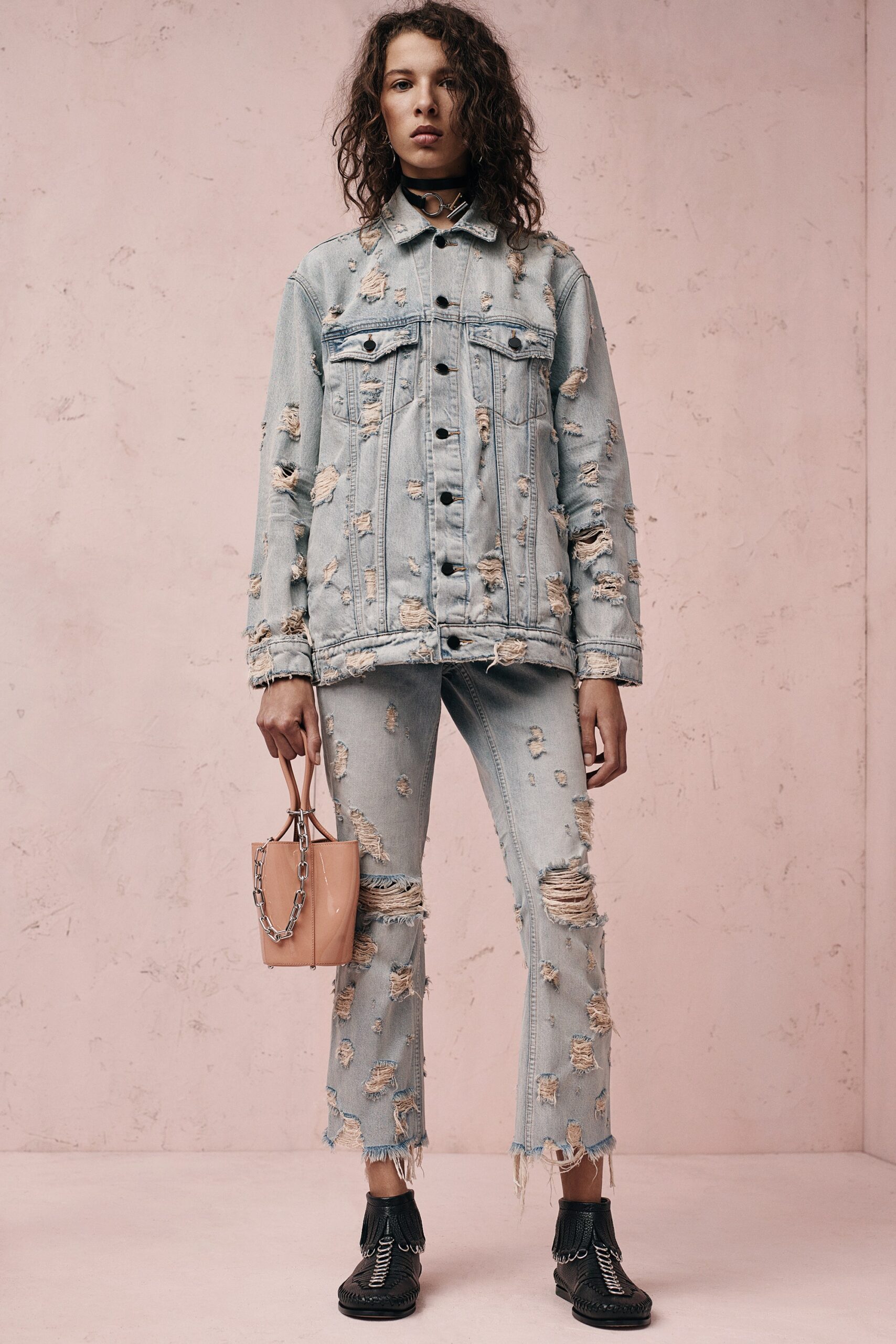 blue denim long-sleeve collared relaxed distressed jacket