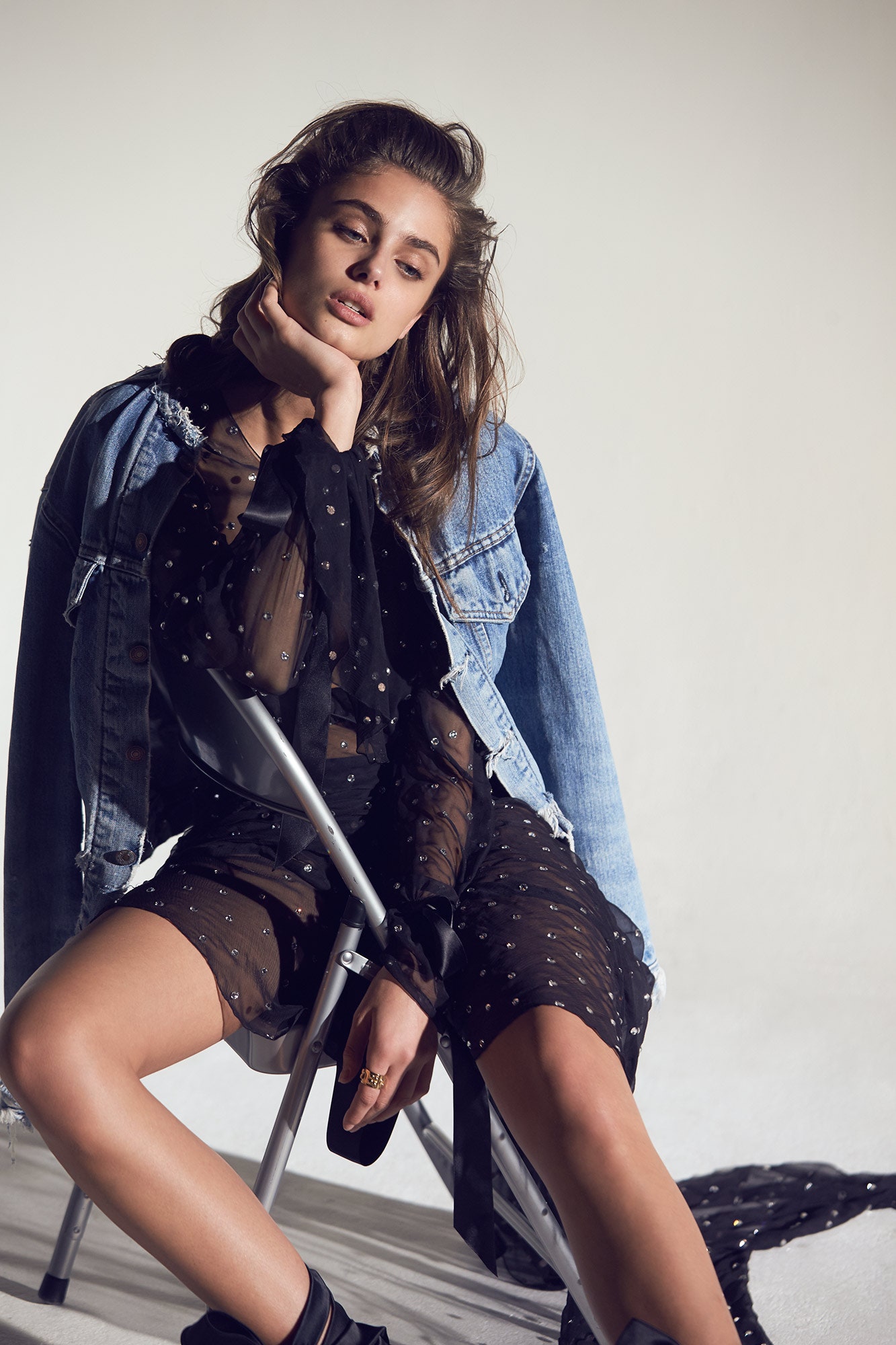 black sheer mini dress with denim jacket