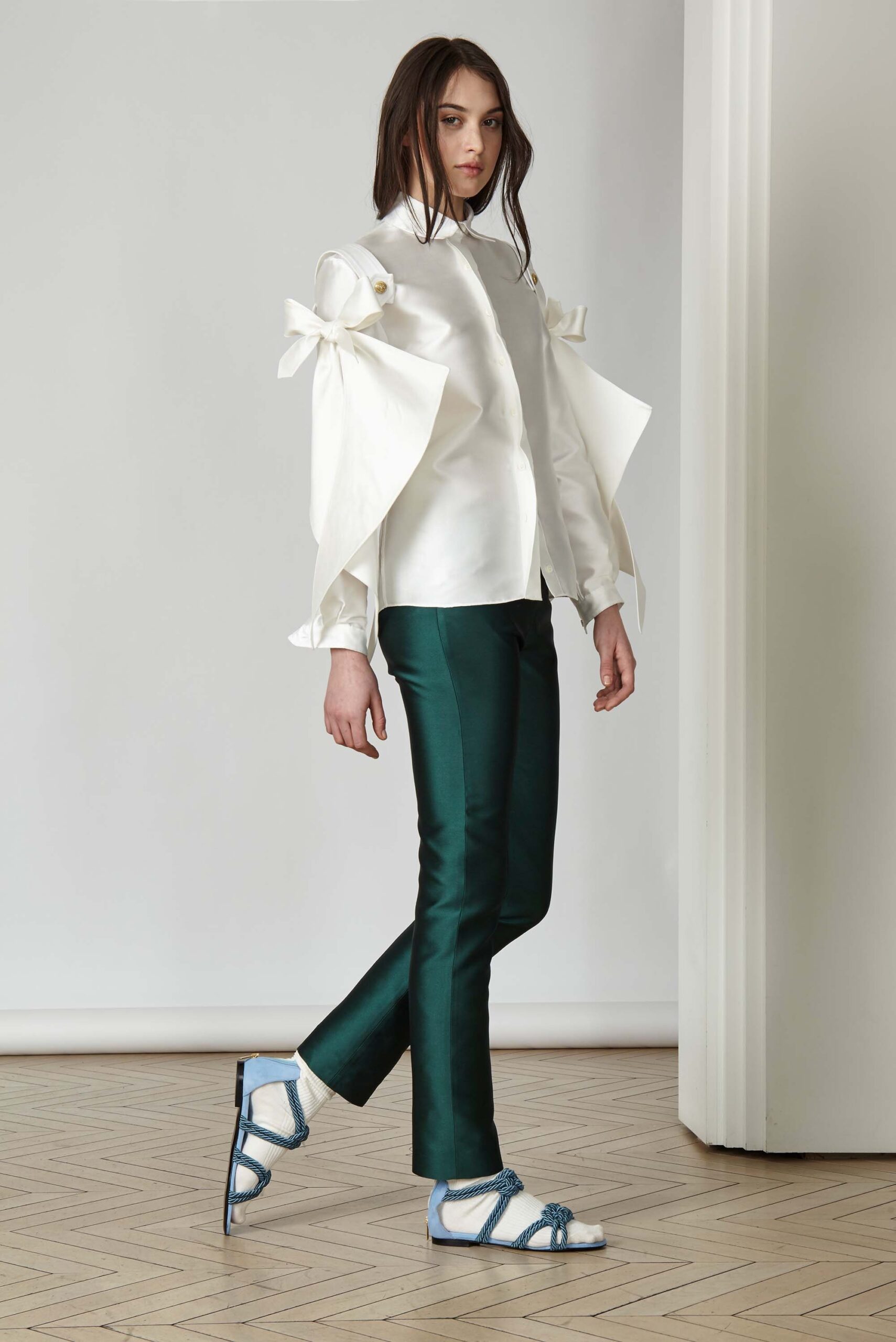 white silk blouse green tailored pants