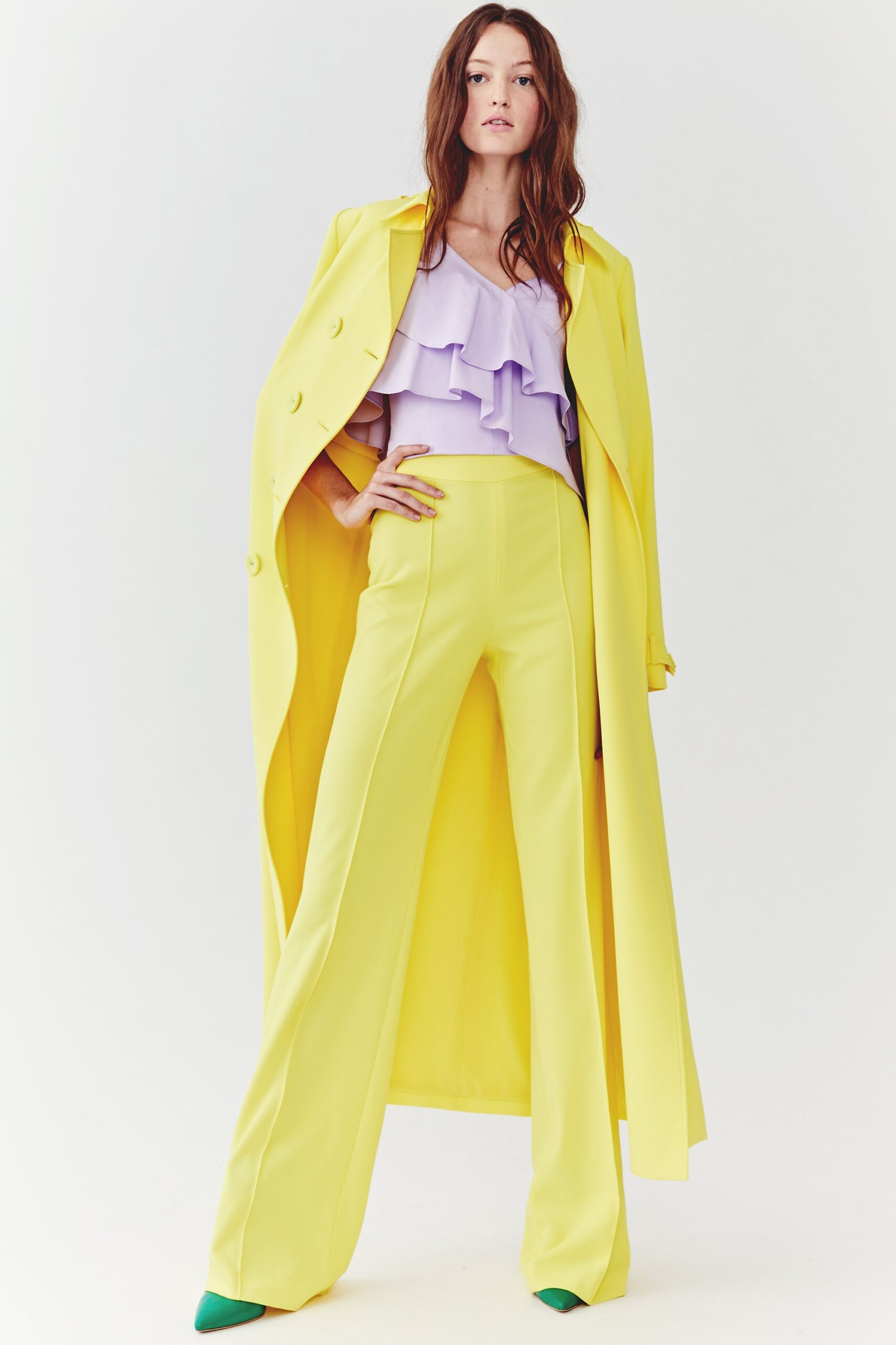 yellow tailored coat with purple top