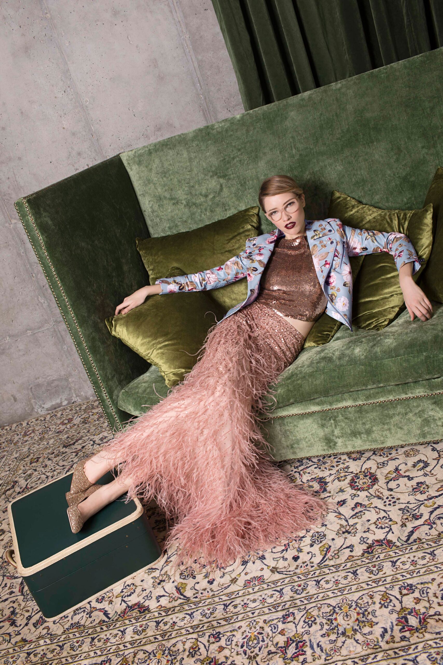 pink fringed sequin maxi dress with embroidered jacket