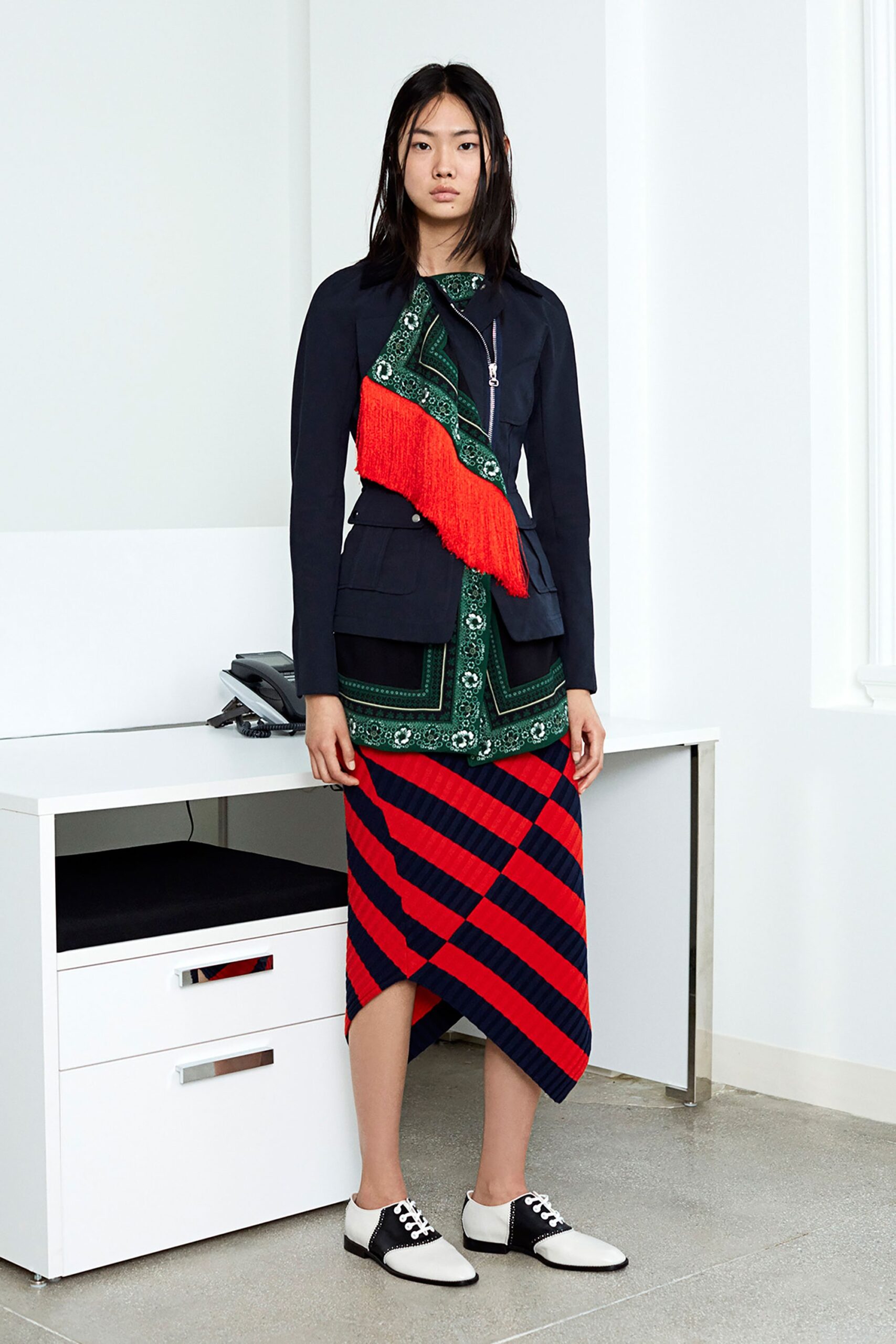 red cotton asymmetric fitted striped midi skirt