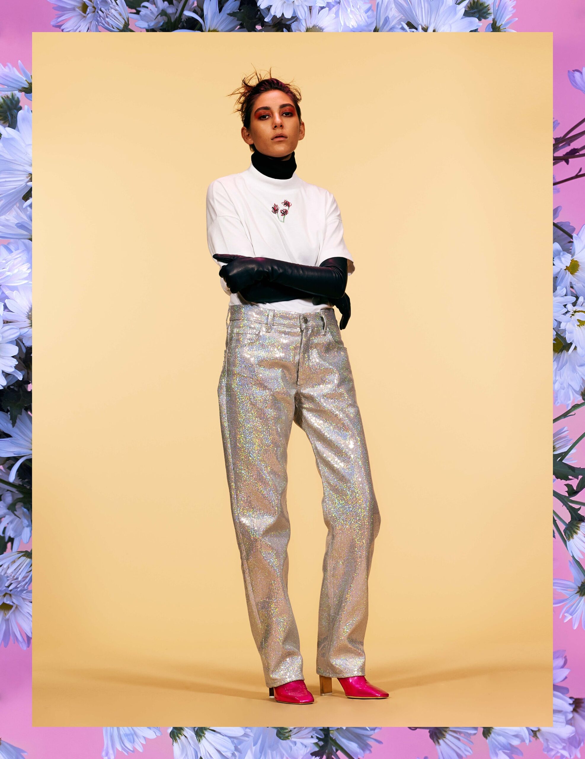 white t-shirt silver pants