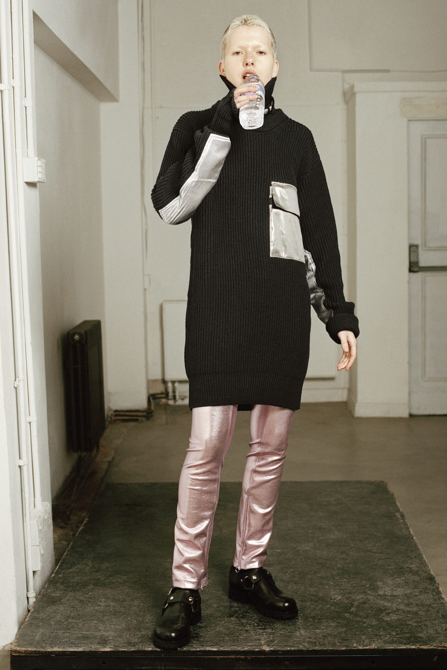 black wool long-sleeve high-neck relaxed pockets zippered dress