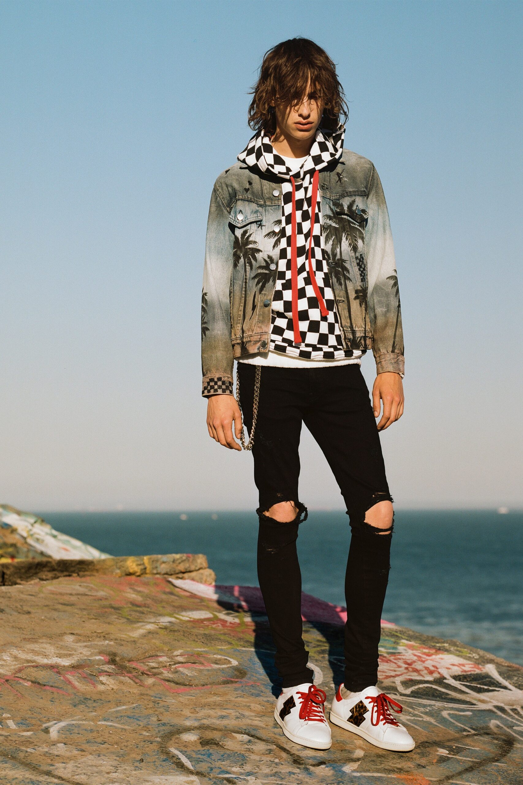 denim jacket with checkered hoodie