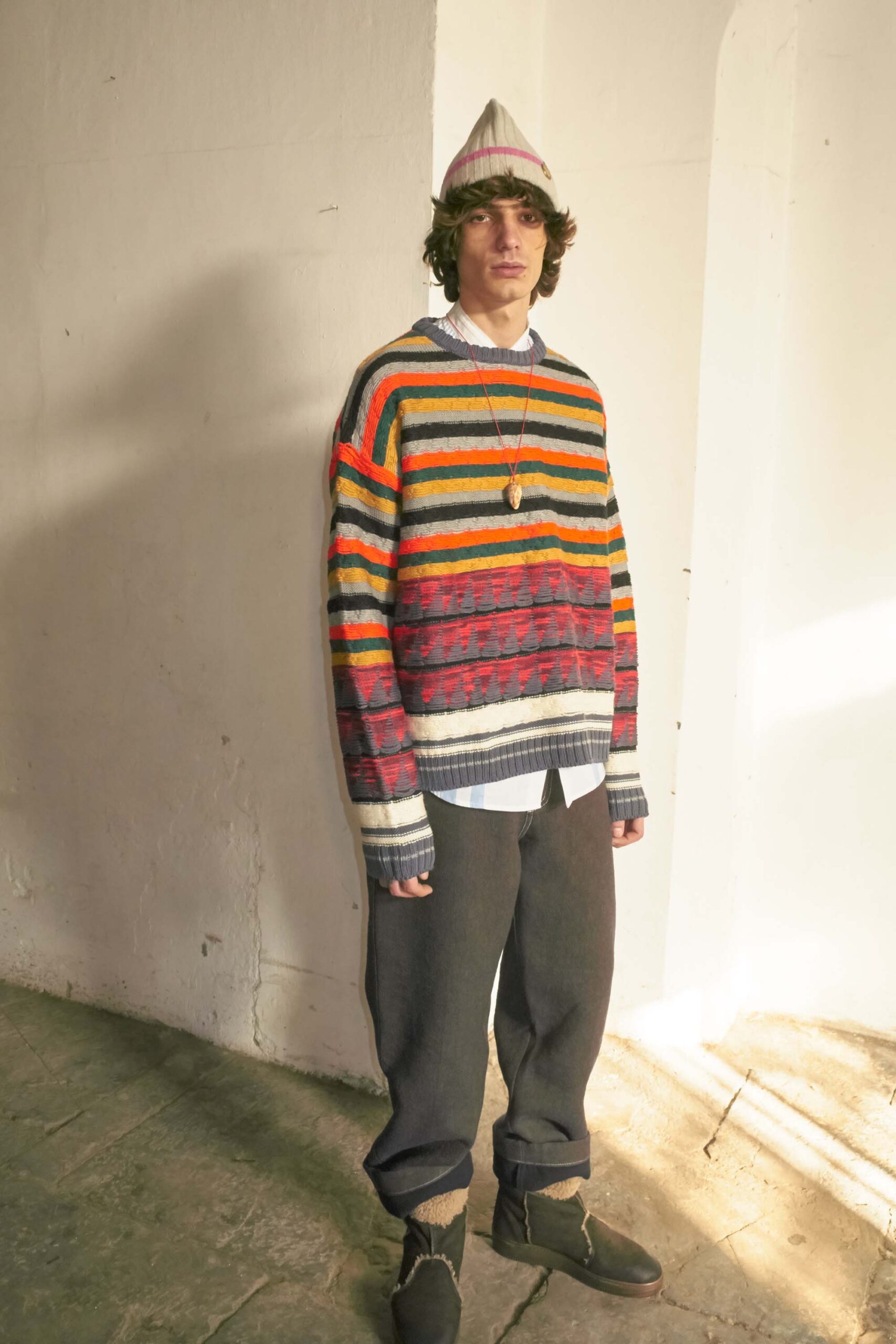 multi cotton long-sleeve collared relaxed striped sweater