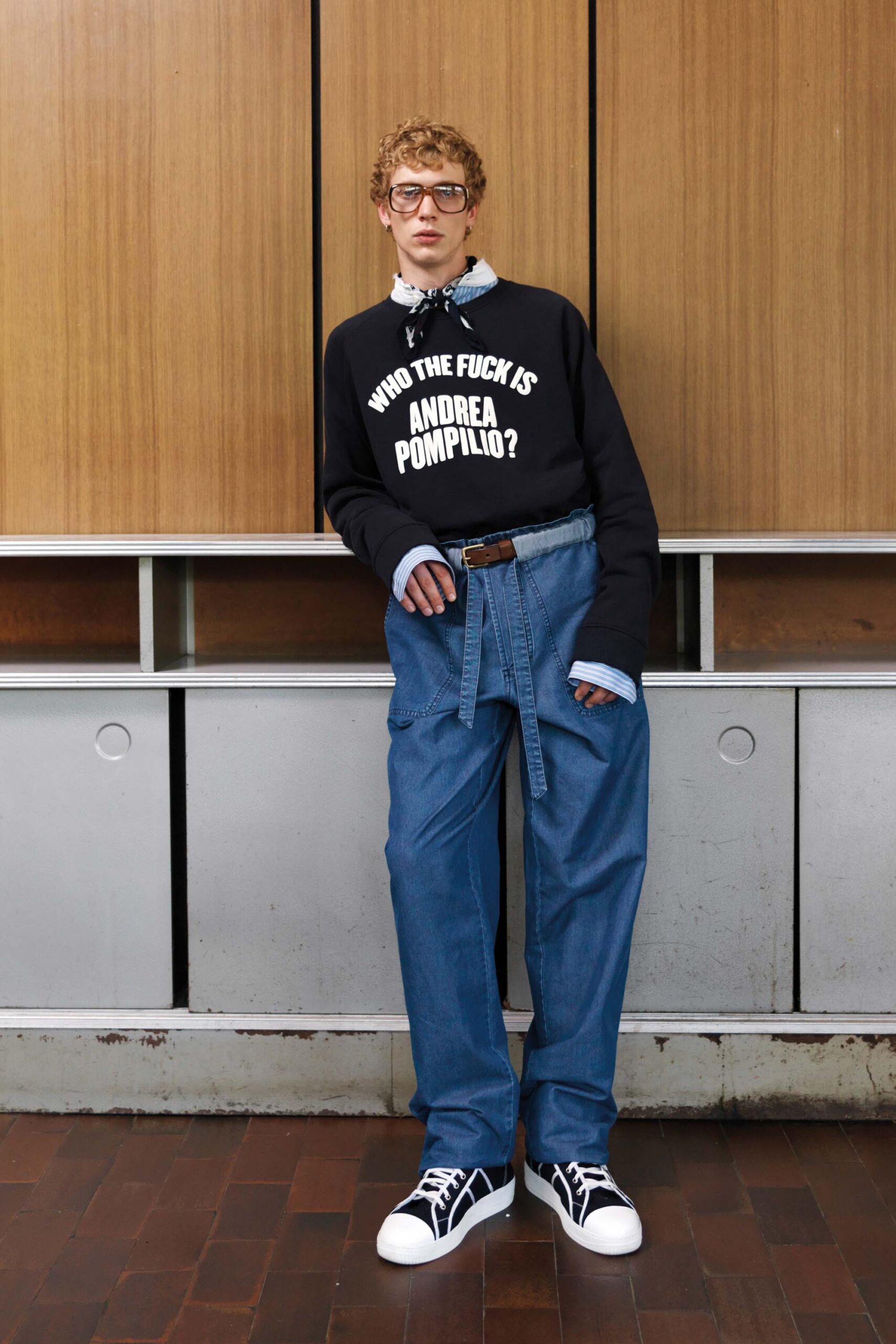 blue denim relaxed high-waisted pleated wide-leg pants