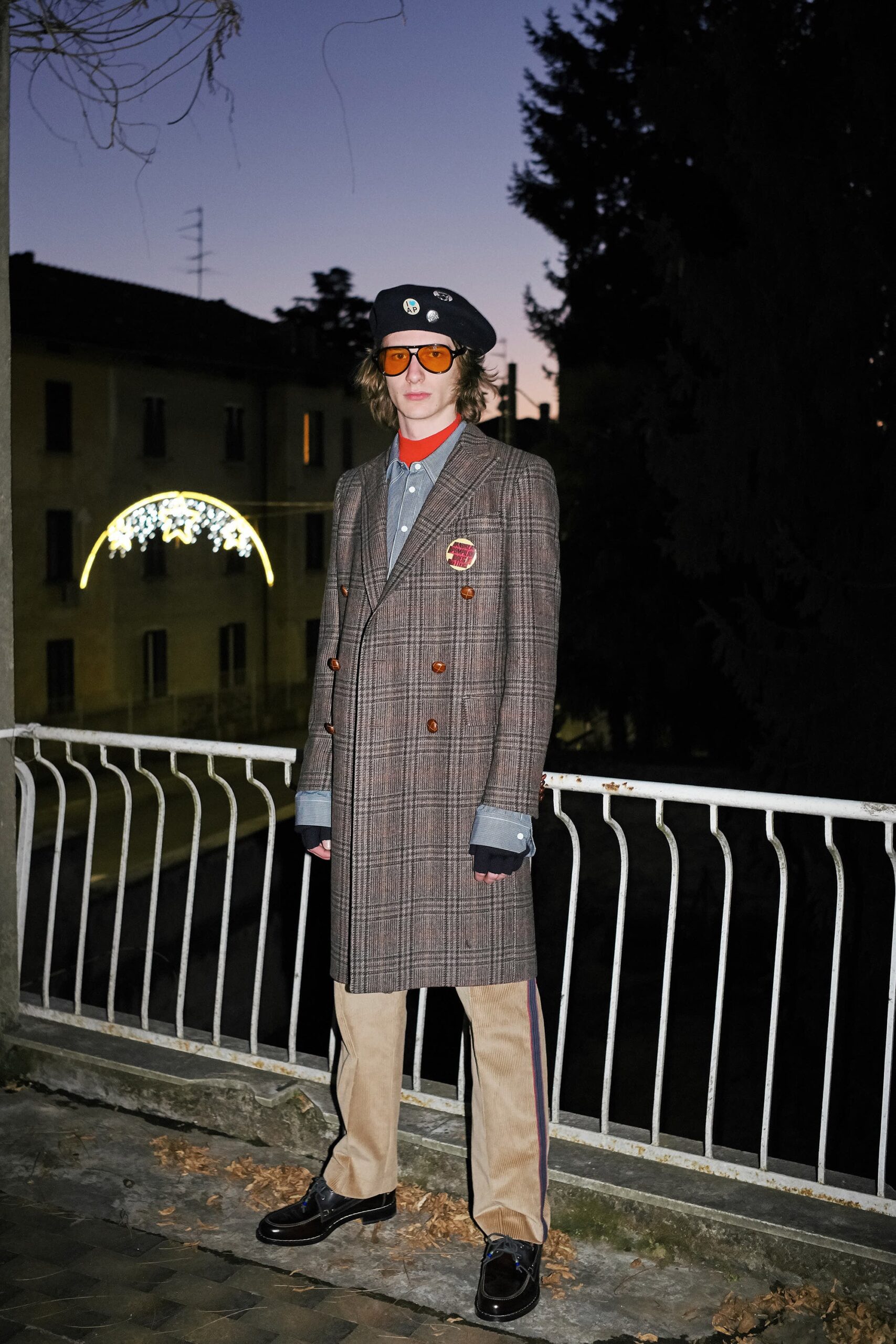 brown wool long-sleeve collared tailored checked coat