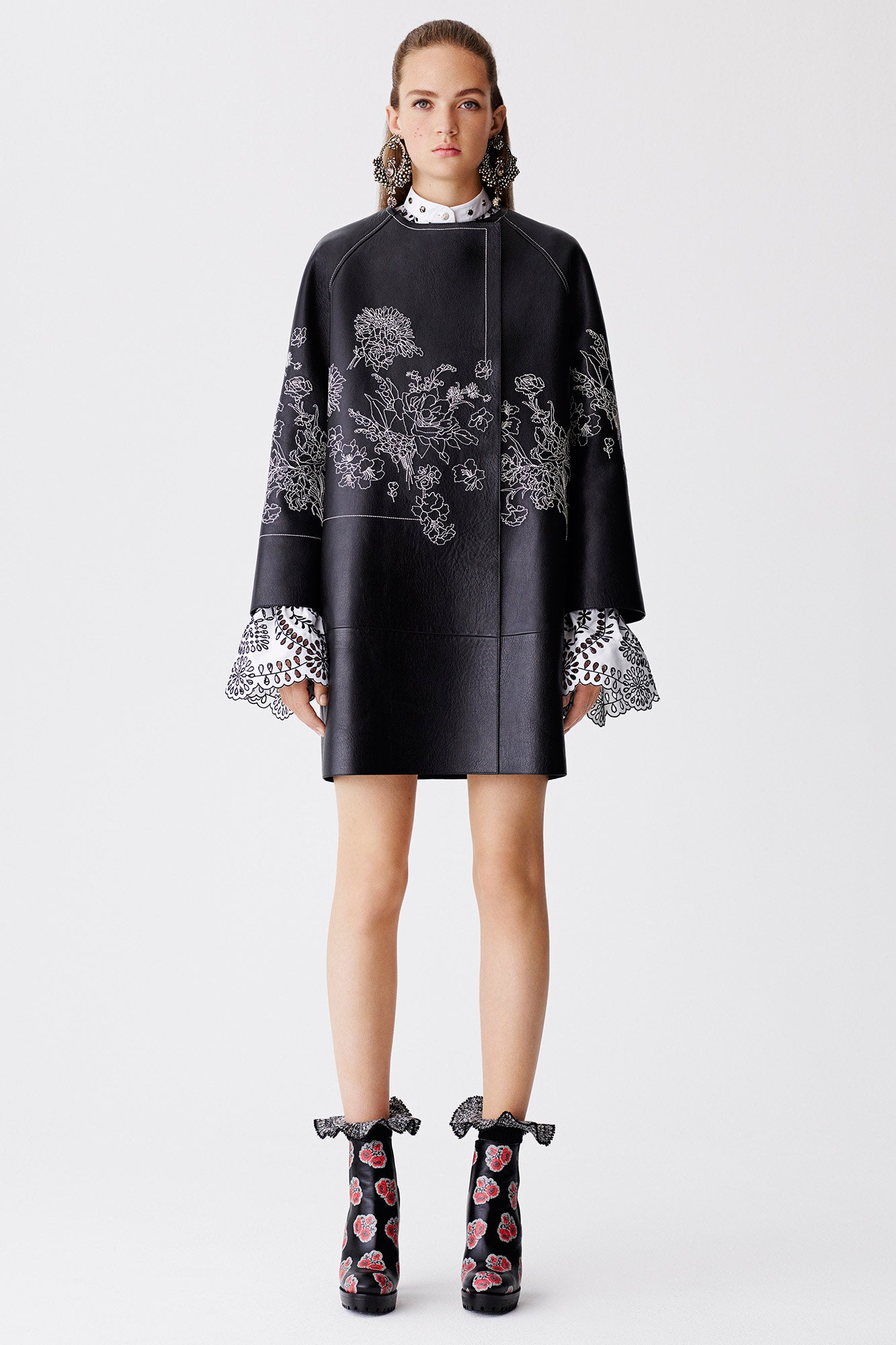 black leather embroidered mini dress